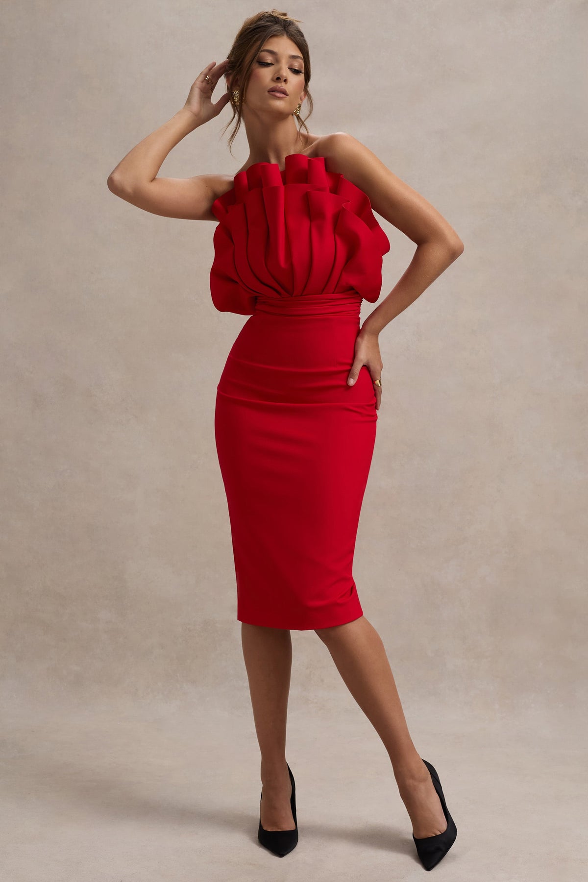 Oria | Red Ruffled Strapless Midi Dress