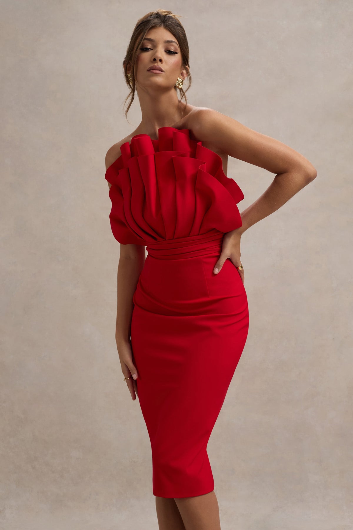 Oria | Red Ruffled Strapless Midi Dress