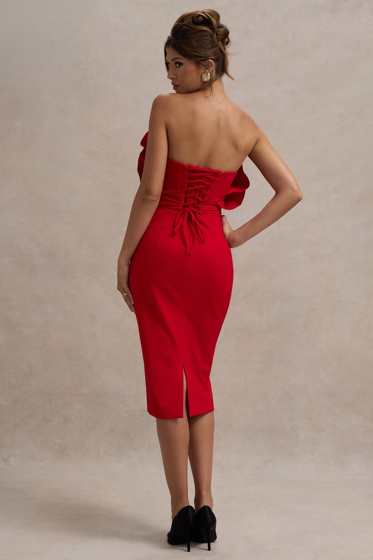 Oria | Red Ruffled Strapless Midi Dress