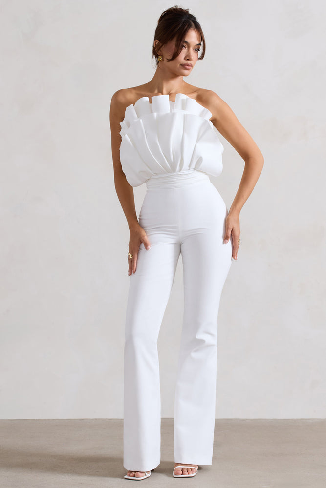 babylclub Disco frill top （White） Nicia White Ruffled Strapless Flared-Leg Jumpsuit – Club L