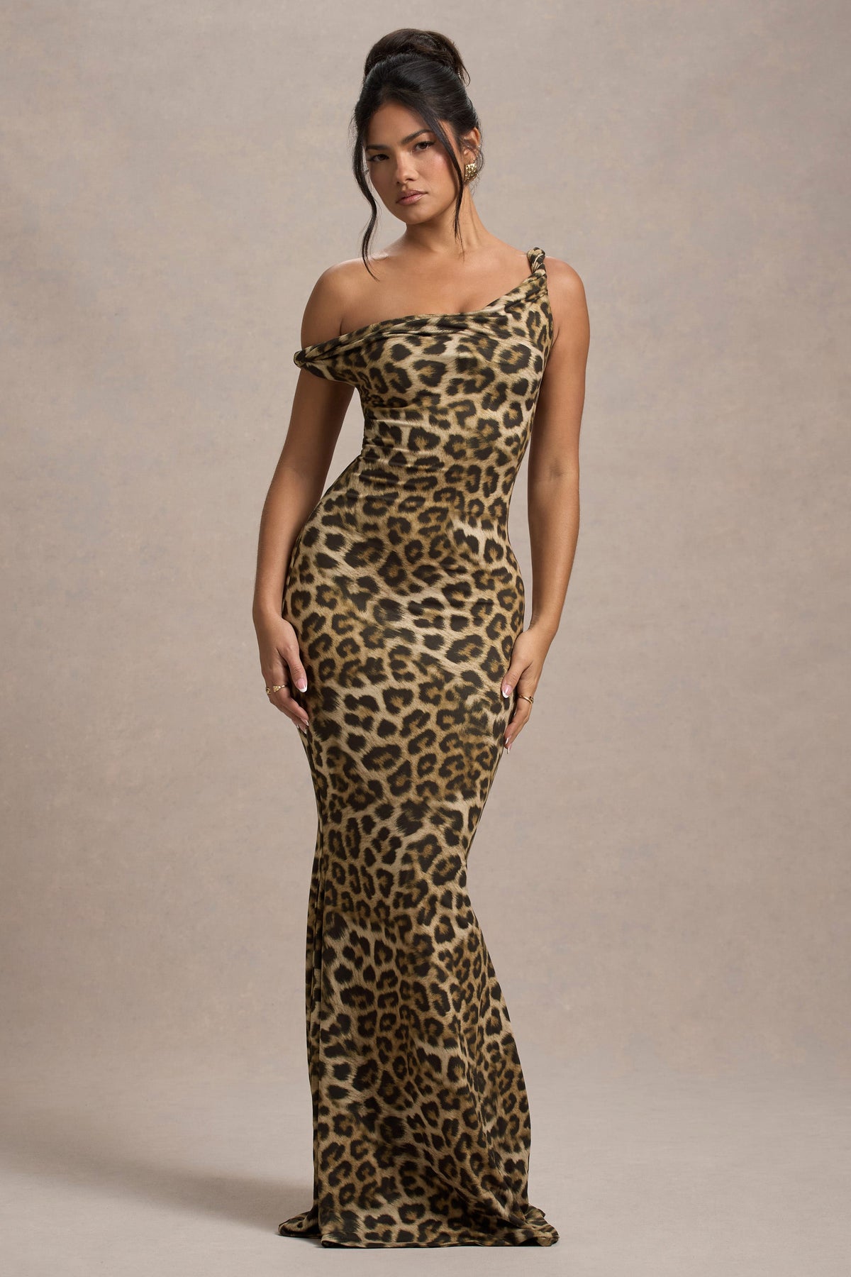 Lita Leopard Print Twisted Asymmetric Maxi Dress – Club L