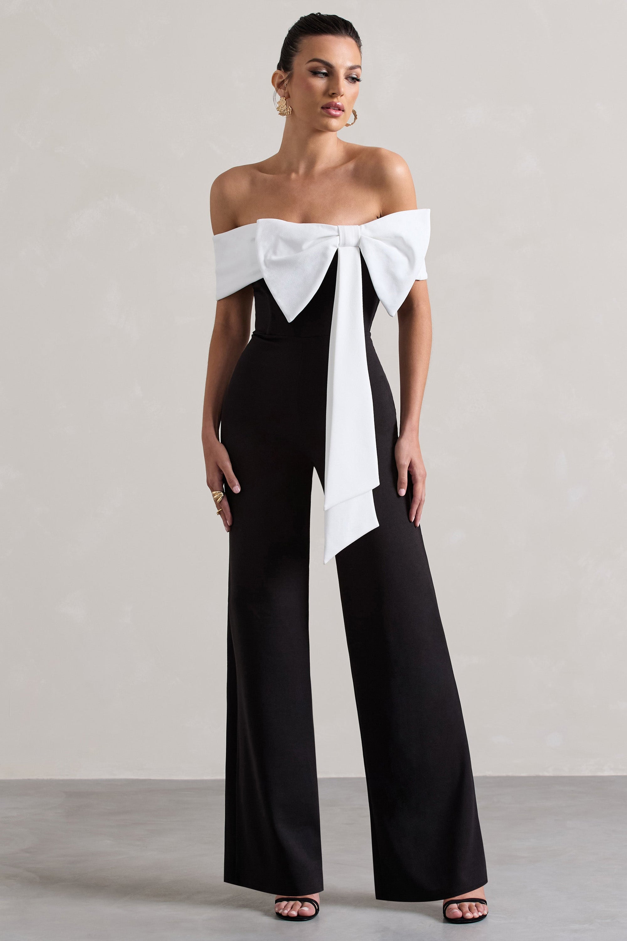 Bower | Black Bardot Straight-Leg Jumpsuit With Bow - Club L London - USA