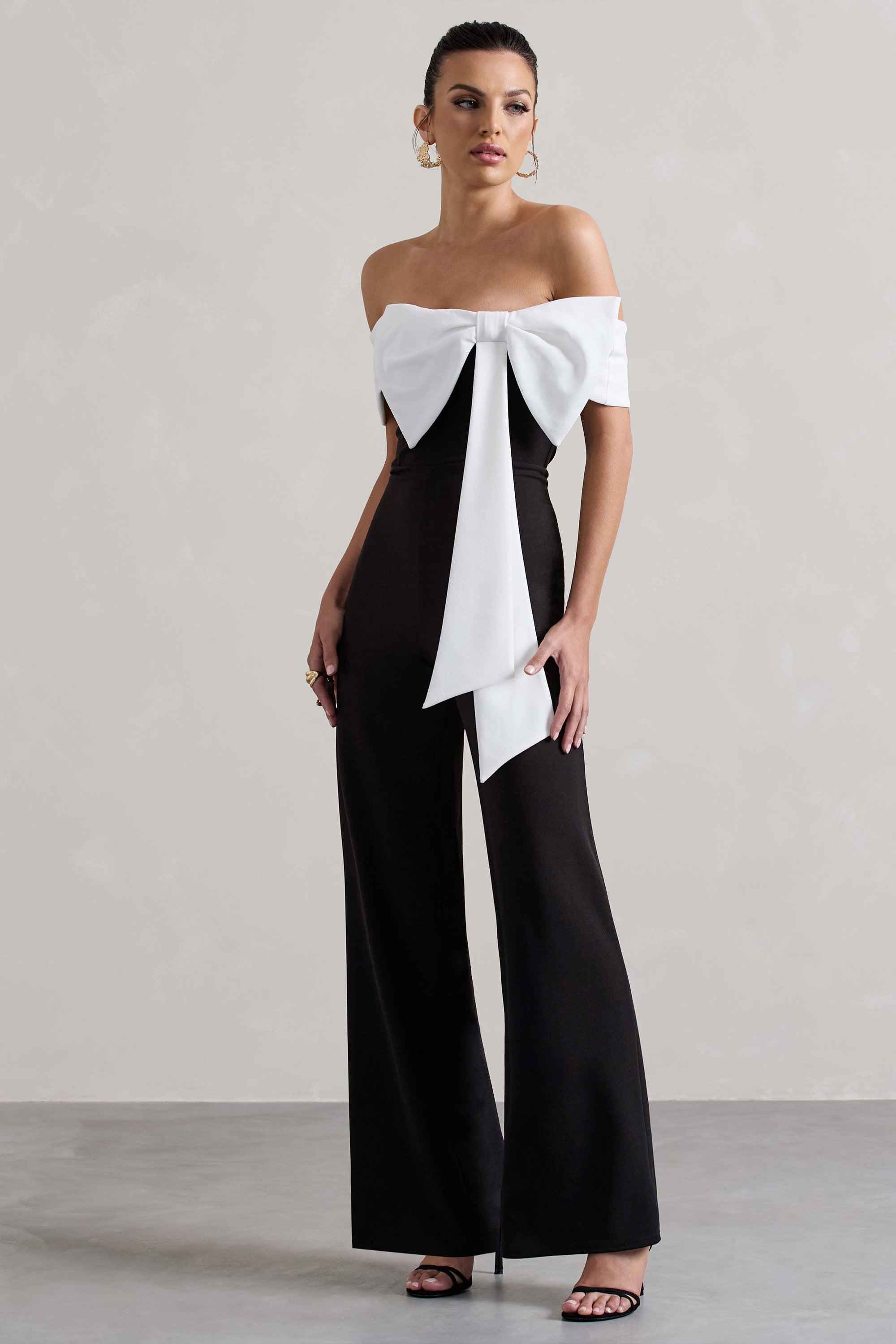 Bower | Black Bardot Straight-Leg Jumpsuit With Bow - Club L London - USA