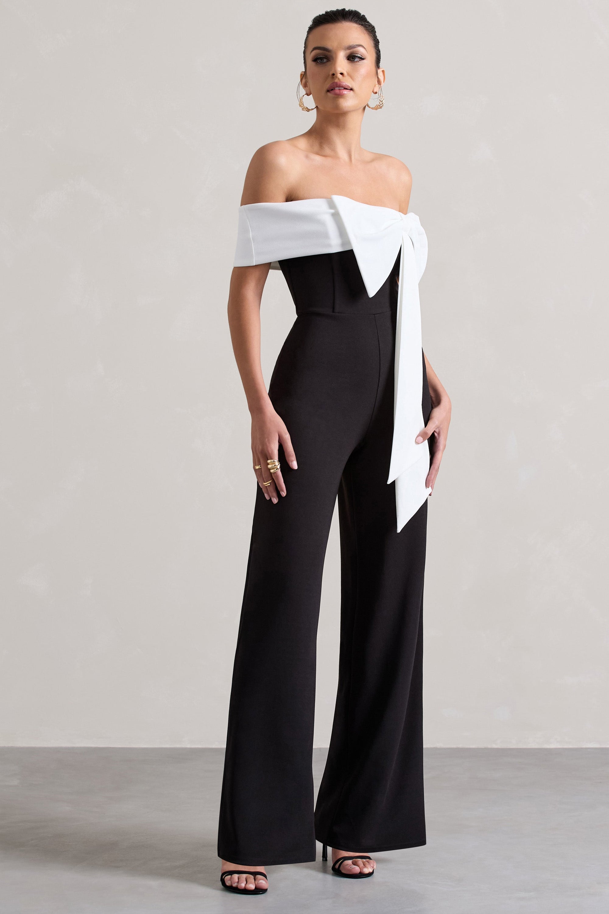 Bower | Black Bardot Straight-Leg Jumpsuit With Bow - Club L London - USA