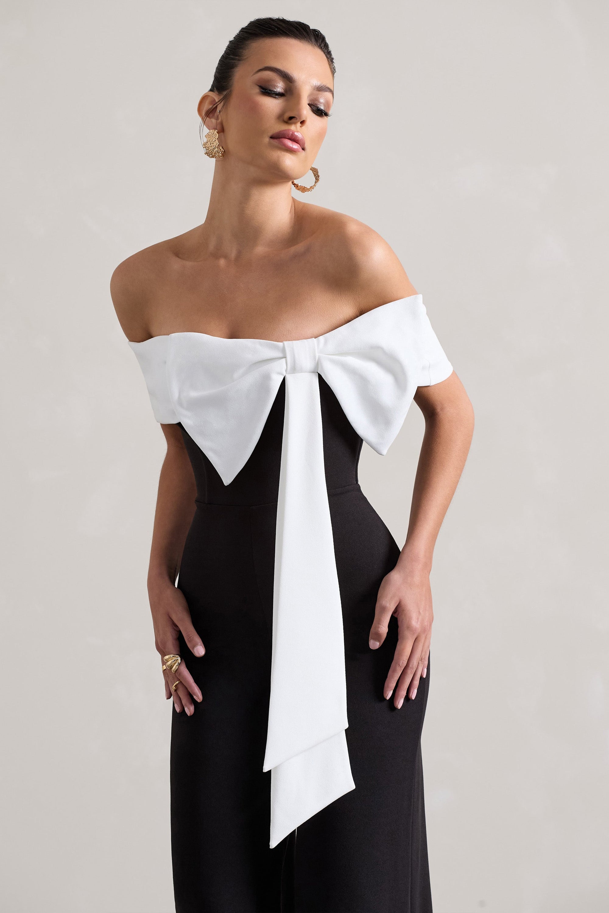 Bower | Black Bardot Straight-Leg Jumpsuit With Bow - Club L London - USA