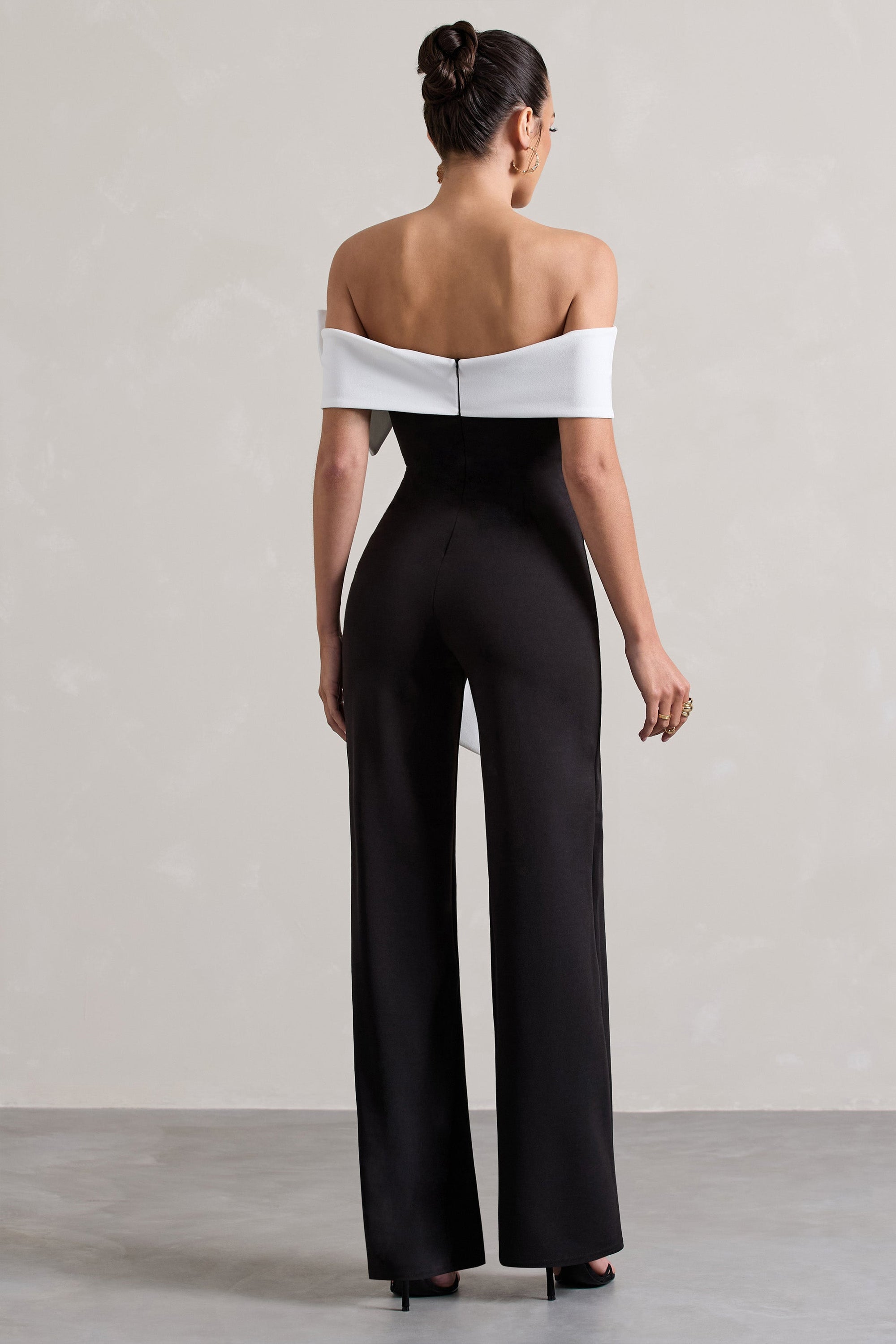 Bower | Black Bardot Straight-Leg Jumpsuit With Bow - Club L London - USA