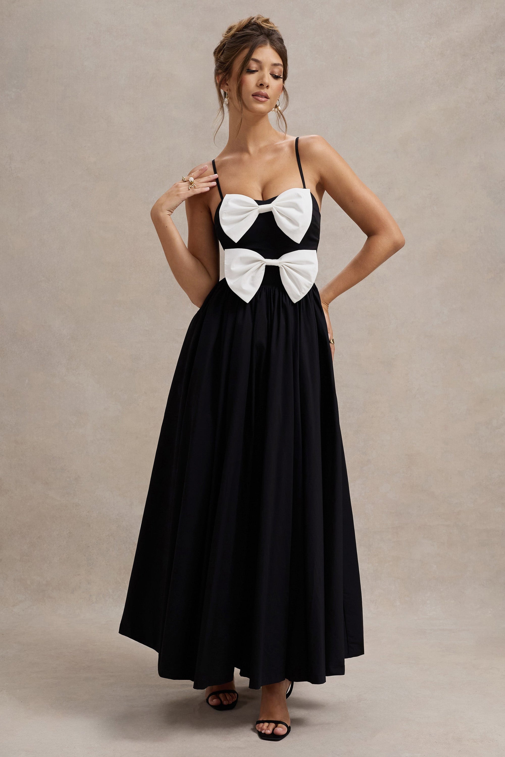 Loved Up | Black Strappy Pleated Maxi Dress With Bows – Club L London