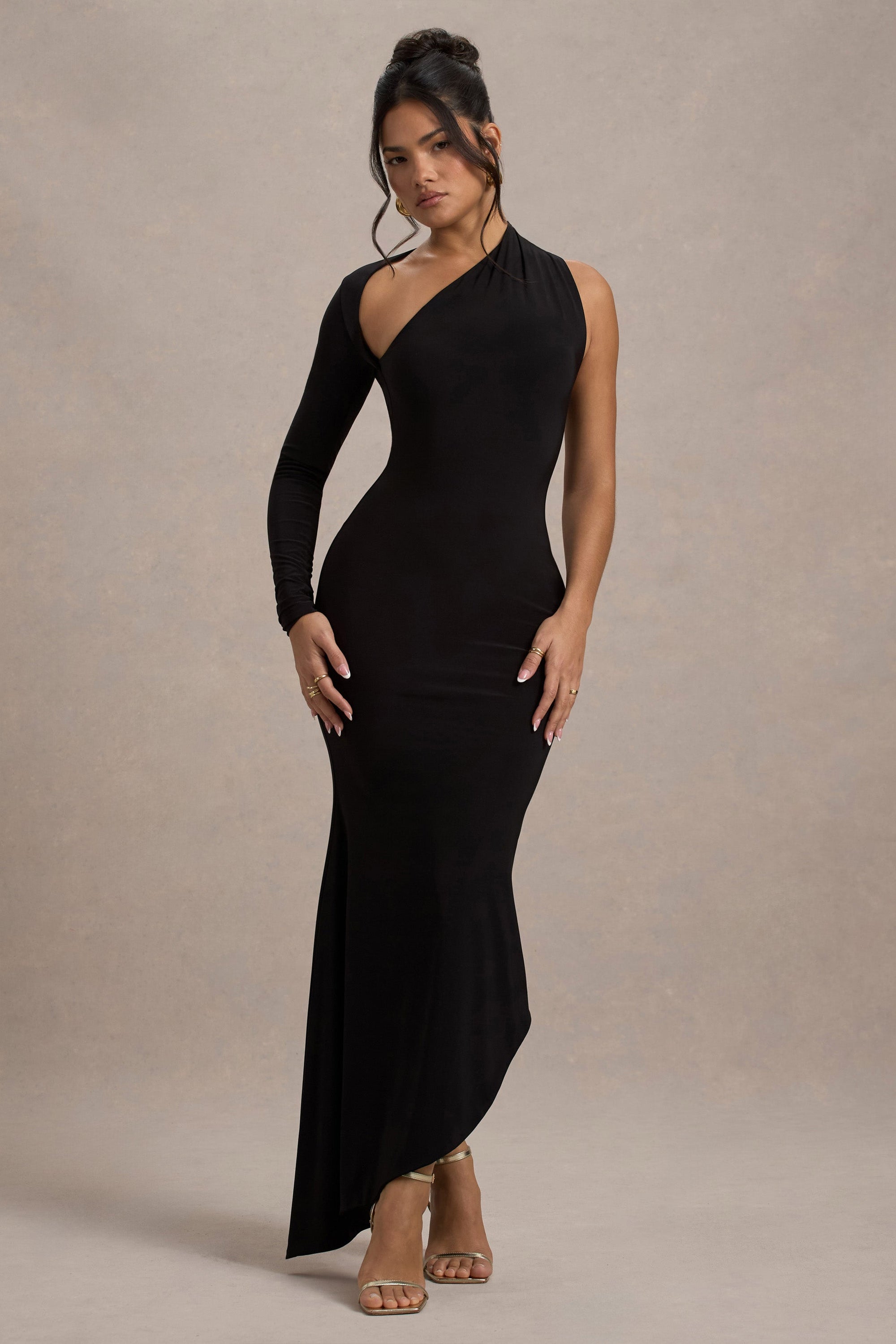 Orsa | Black One-Shoulder Asymmetric Maxi Dress - Club L London - USA