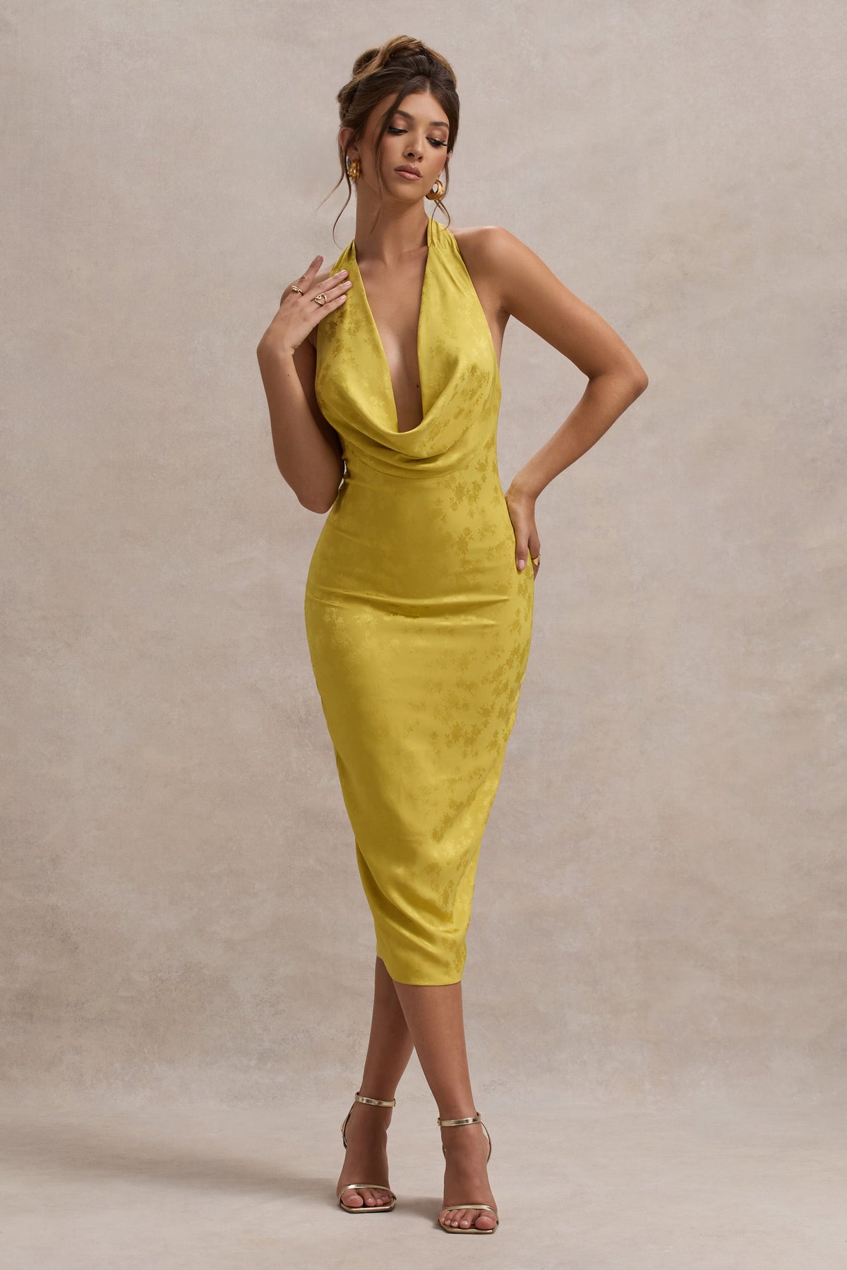 Maciza | Mustard Satin Jacquard Cowl-Neck Midi Dress