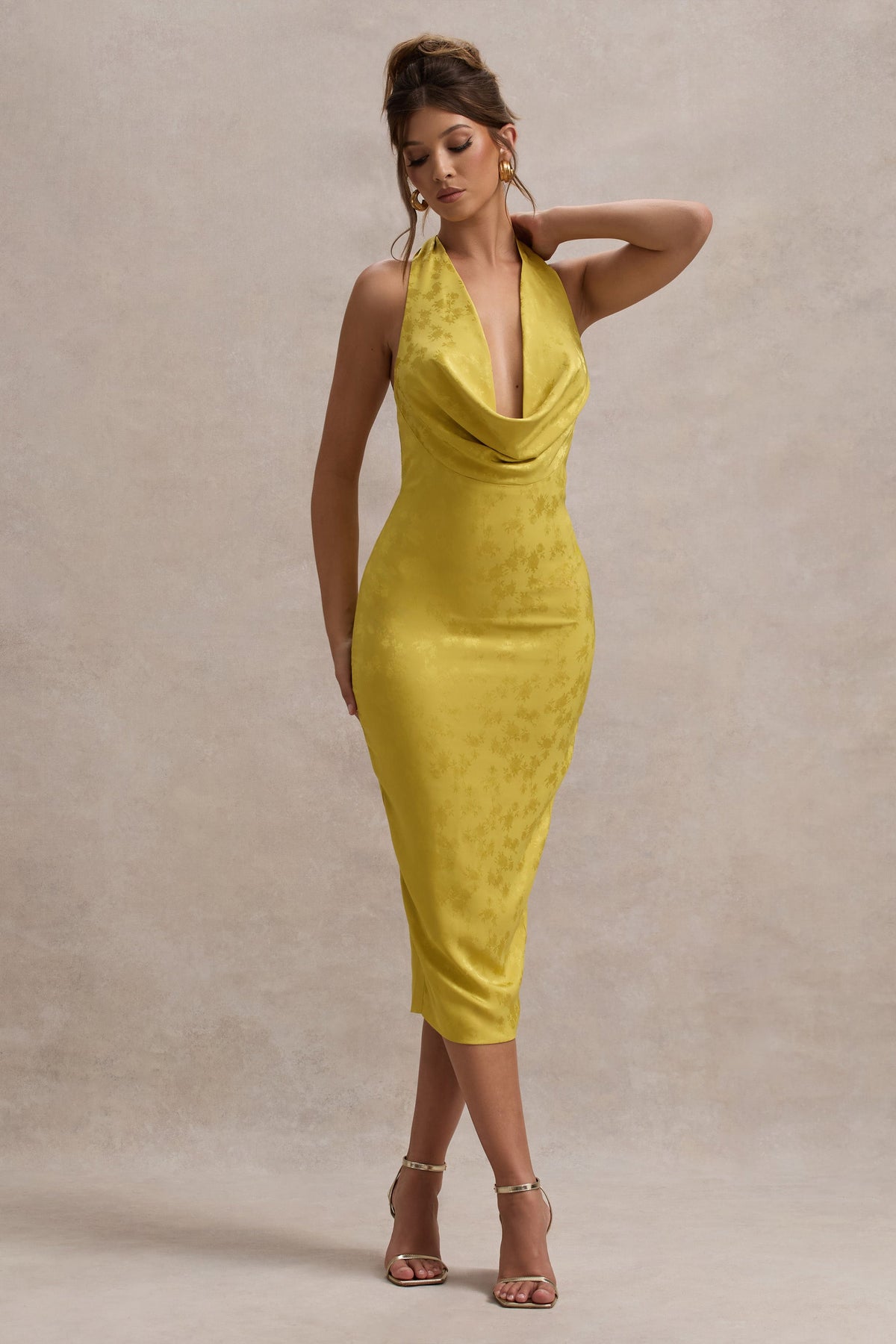Maciza Mustard Satin Jacquard Cowl-Neck Midi Dress Club L London - USA Maciza Mustard Satin Jacquard Cowl-Neck Midi Dress Club L London - USA