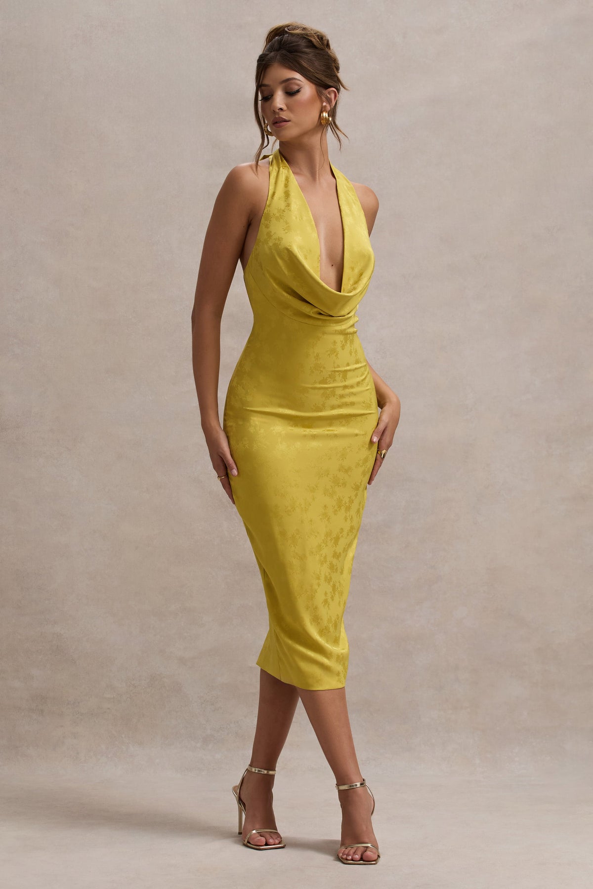 Maciza Mustard Satin Jacquard Cowl-Neck Midi Dress Club L London - USA Maciza Mustard Satin Jacquard Cowl-Neck Midi Dress Club L London - USA