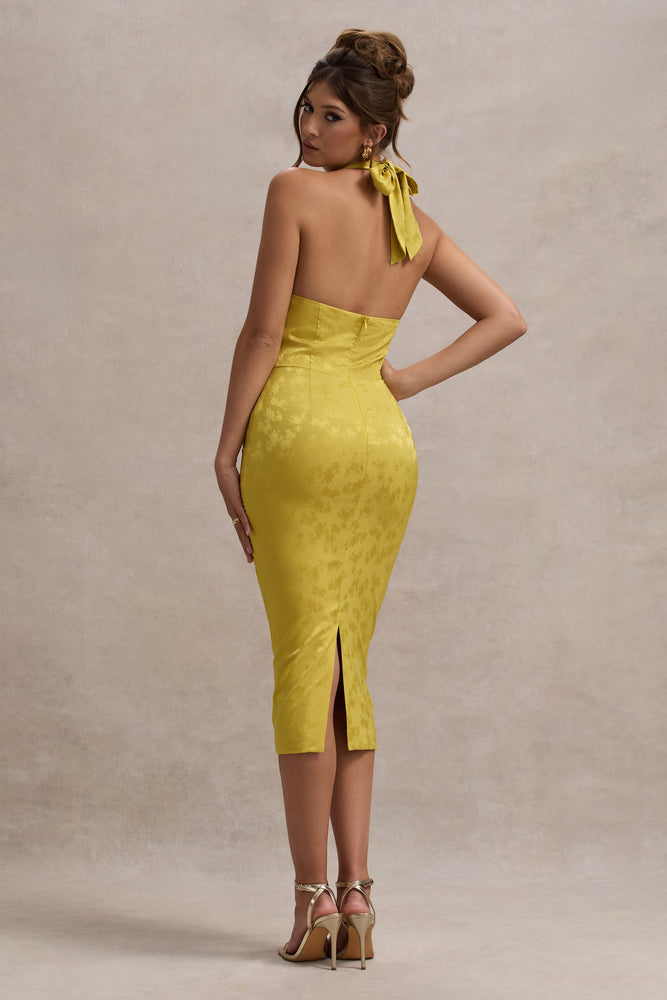 mustard yellow midi dress Maciza Mustard Satin Jacquard Cowl-Neck Midi Dress – Club L London