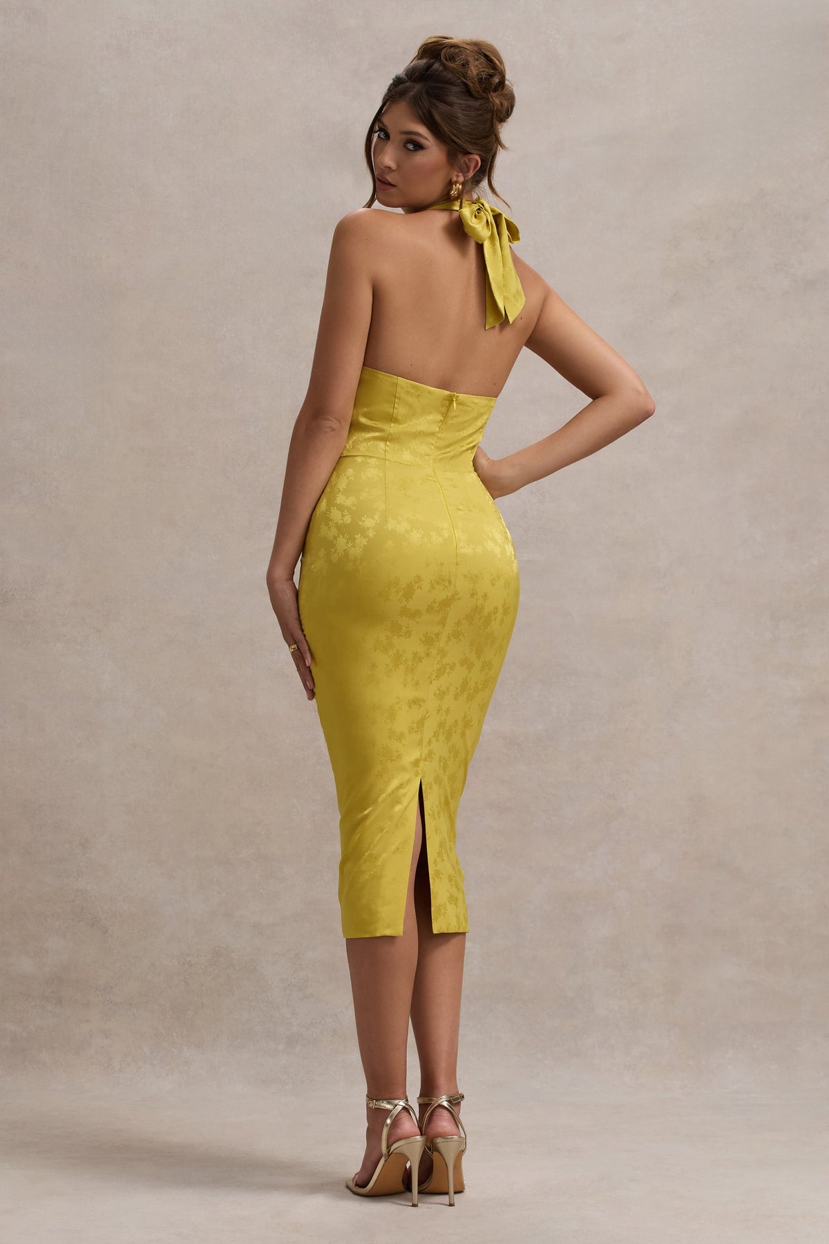 Maciza Mustard Satin Jacquard Cowl-Neck Midi Dress Club L London - USA Maciza Mustard Satin Jacquard Cowl-Neck Midi Dress Club L London - USA