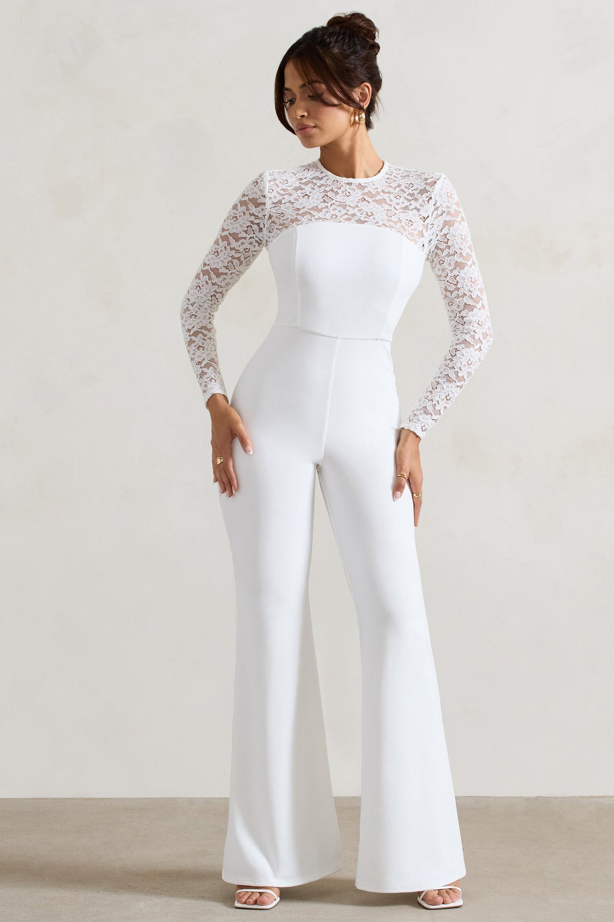 Amari | White Lace Long-Sleeve Flared-Leg Jumpsuit