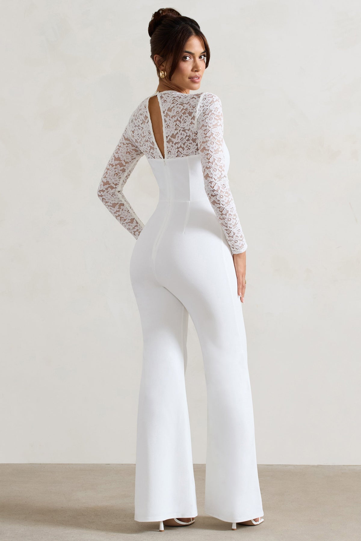 Amari | White Lace Long-Sleeve Flared-Leg Jumpsuit