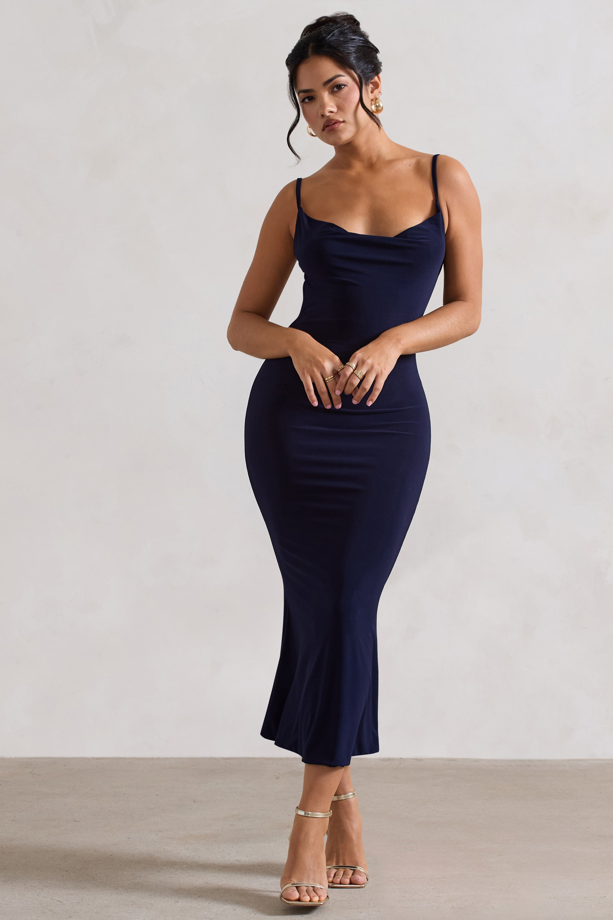Addison | Navy Cowl-Neck Open-Back Midi Dress With Lace – Club L