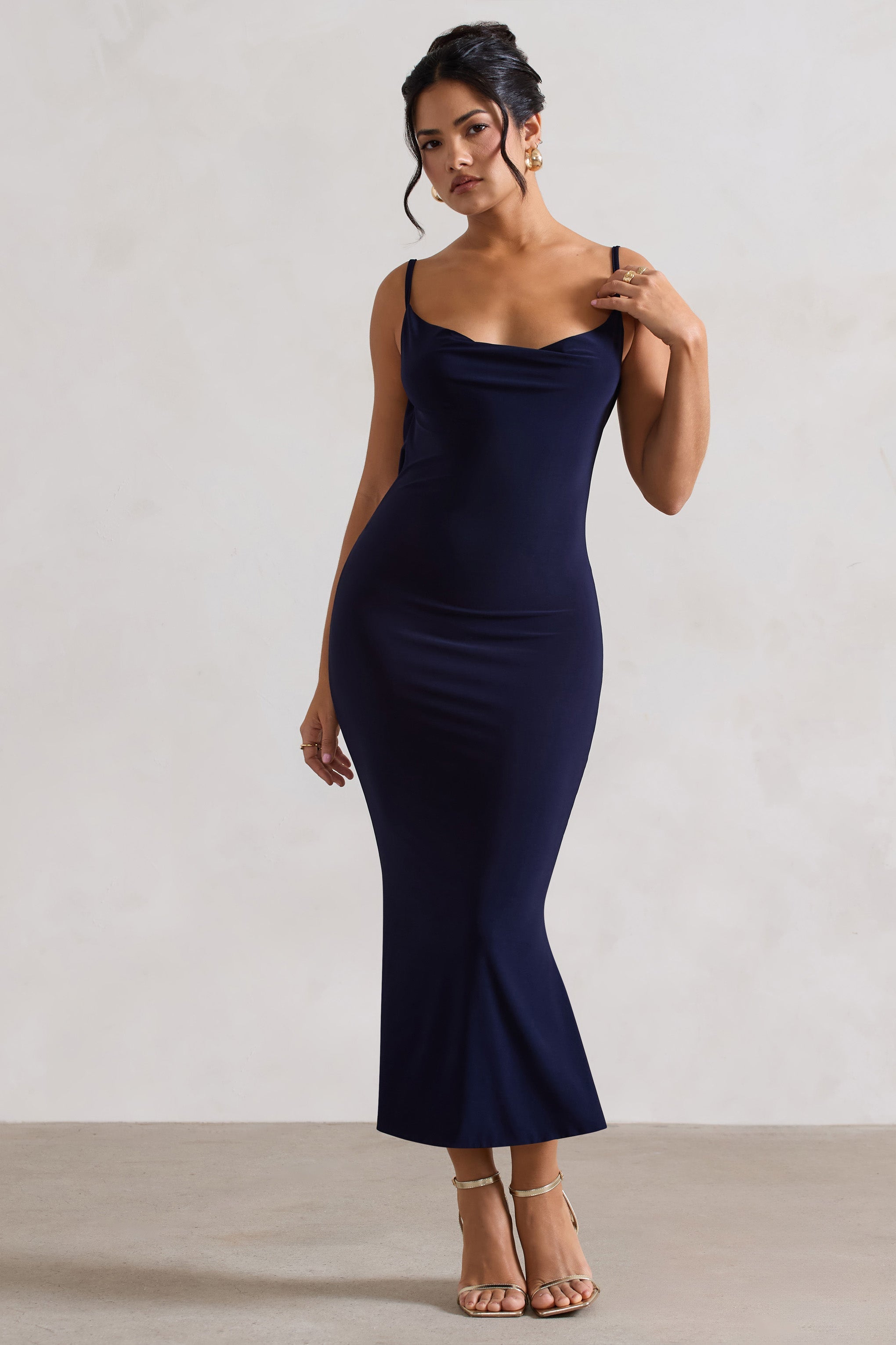 Addison | Navy Cowl-Neck Open-Back Midi Dress With Lace – Club L