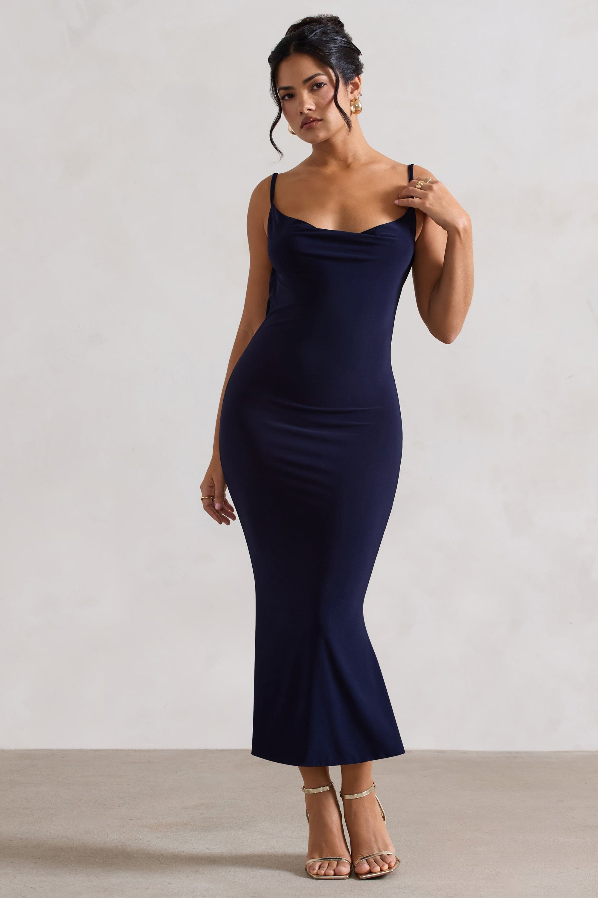Addison | Navy Cowl-Neck Open-Back Midi Dress With Lace - Club L London - USA