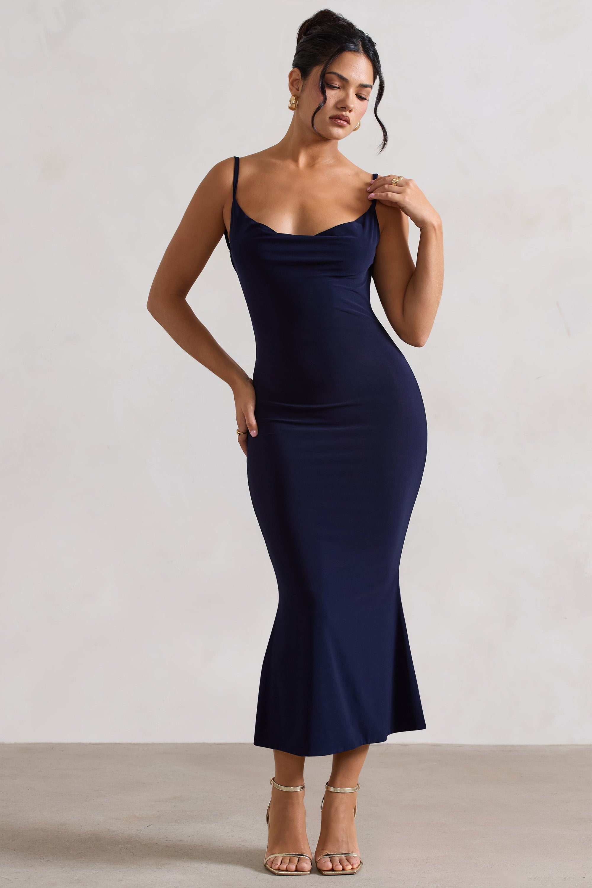 Addison | Navy Cowl-Neck Open-Back Midi Dress With Lace - Club L London - USA