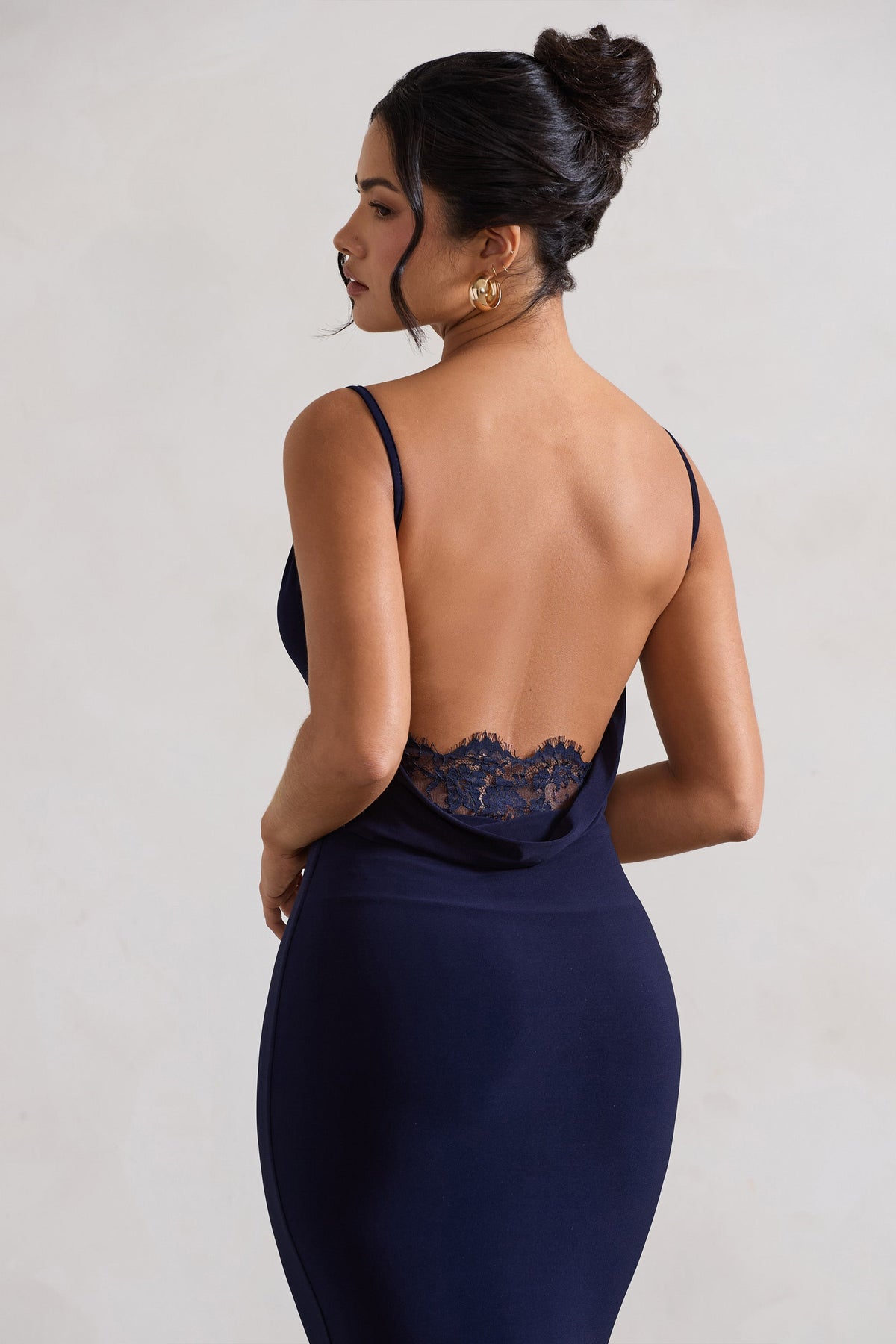 Addison Navy Cowl-Neck Open-Back Midi Dress With Lace Club L London - USA Addison Navy Cowl-Neck Open-Back Midi Dress With Lace Club L London - USA