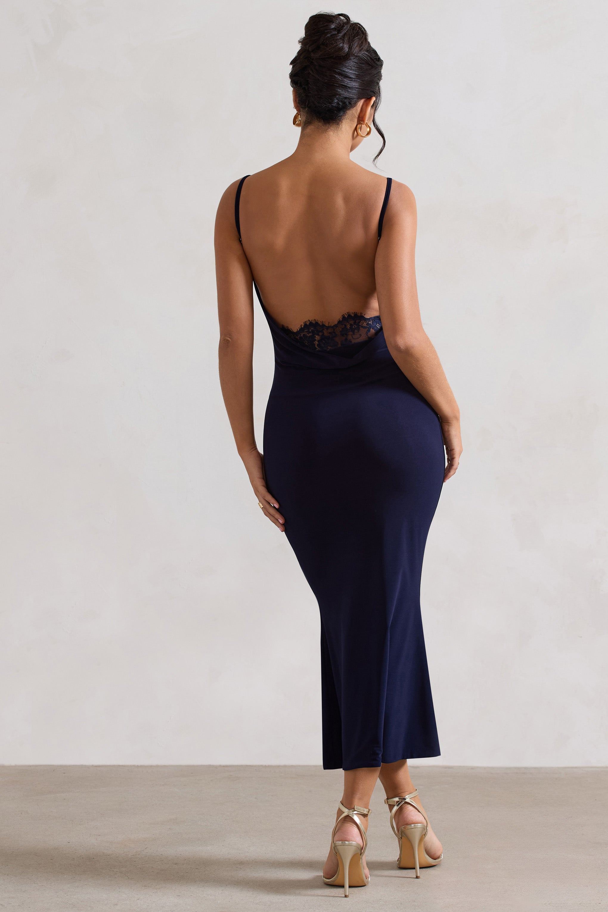 Addison | Navy Cowl-Neck Open-Back Midi Dress With Lace – Club L