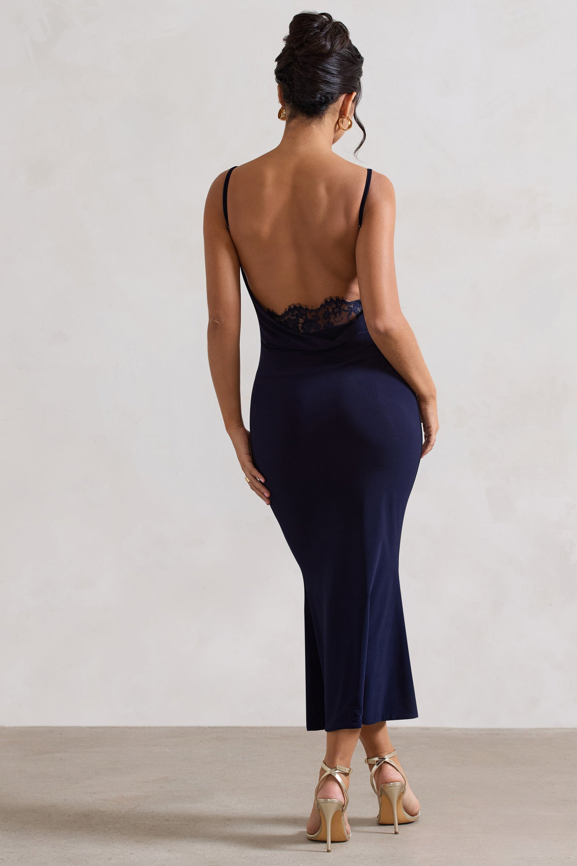 Addison | Navy Cowl-Neck Open-Back Midi Dress With Lace – Club L London