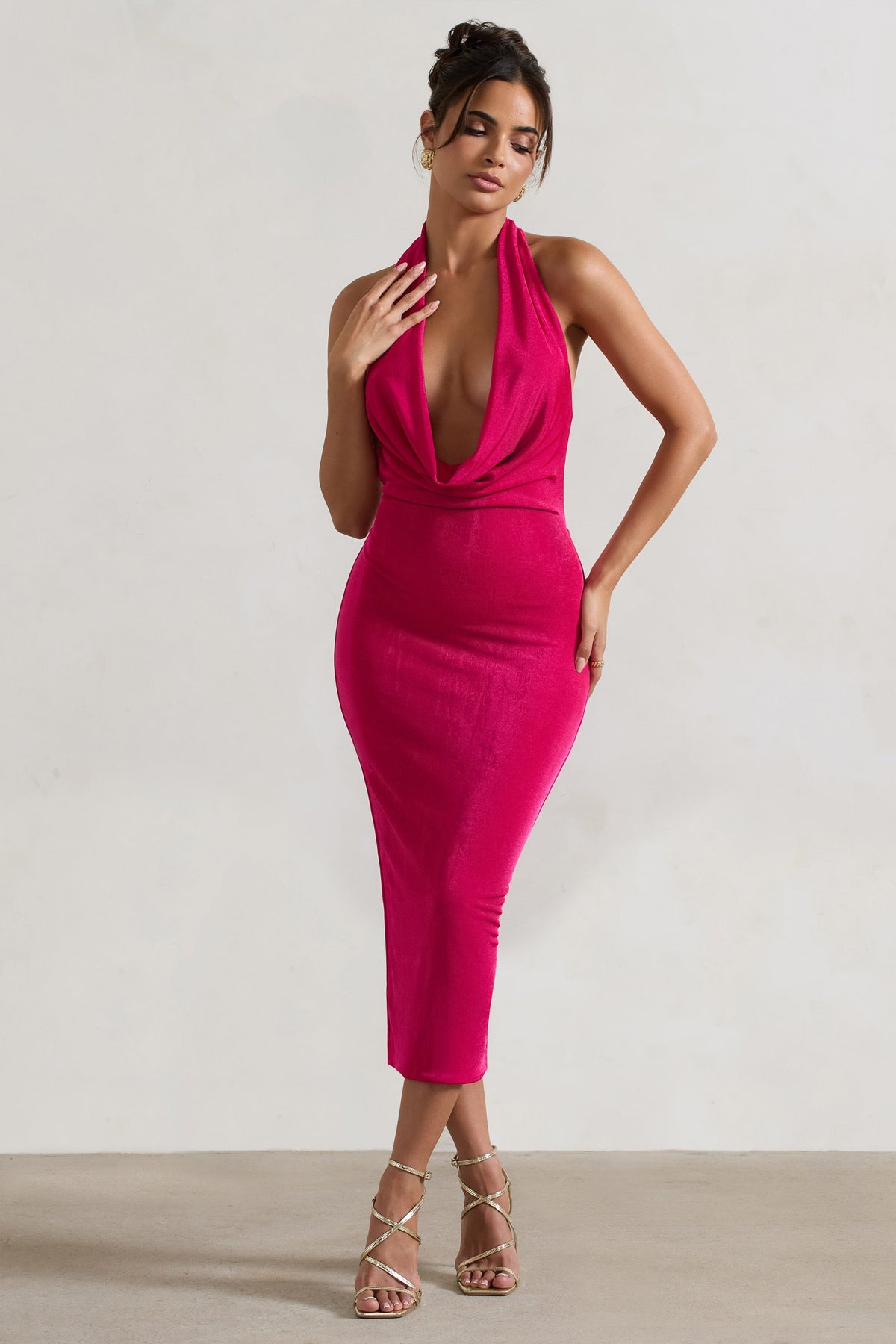 Raleigh | Hot Pink Cowl-Neck Midi Dress