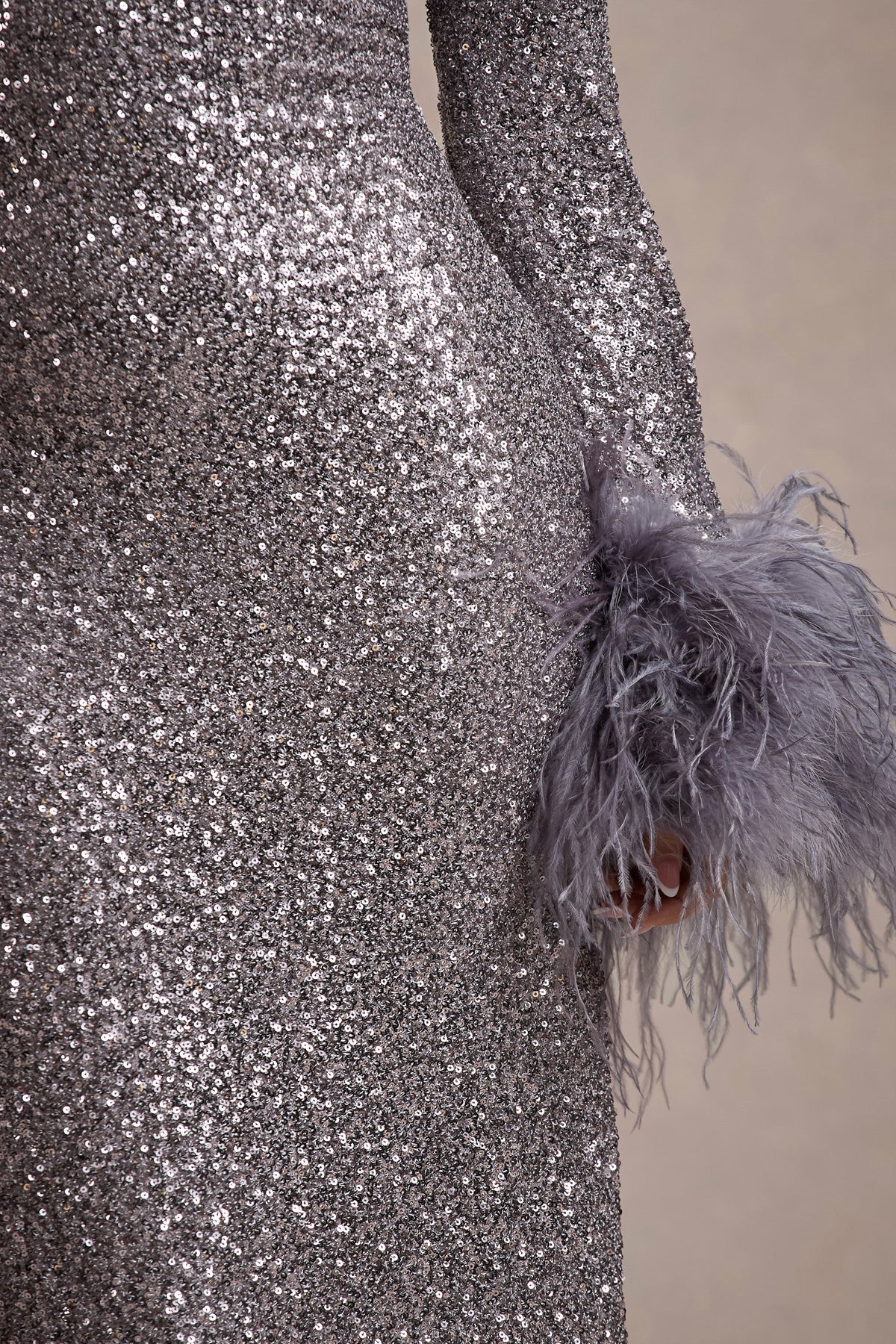North Star Silver Sequin Long-Sleeve Midi Dress With Feather Cuffs Club L London - USA North Star Silver Sequin Long-Sleeve Midi Dress With Feather Cuffs Club L London - USA