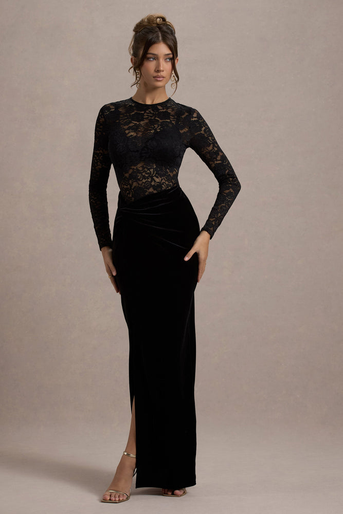 Loving Look Black Lace Long-Sleeve Twisted Split Maxi Dress – Club L London 