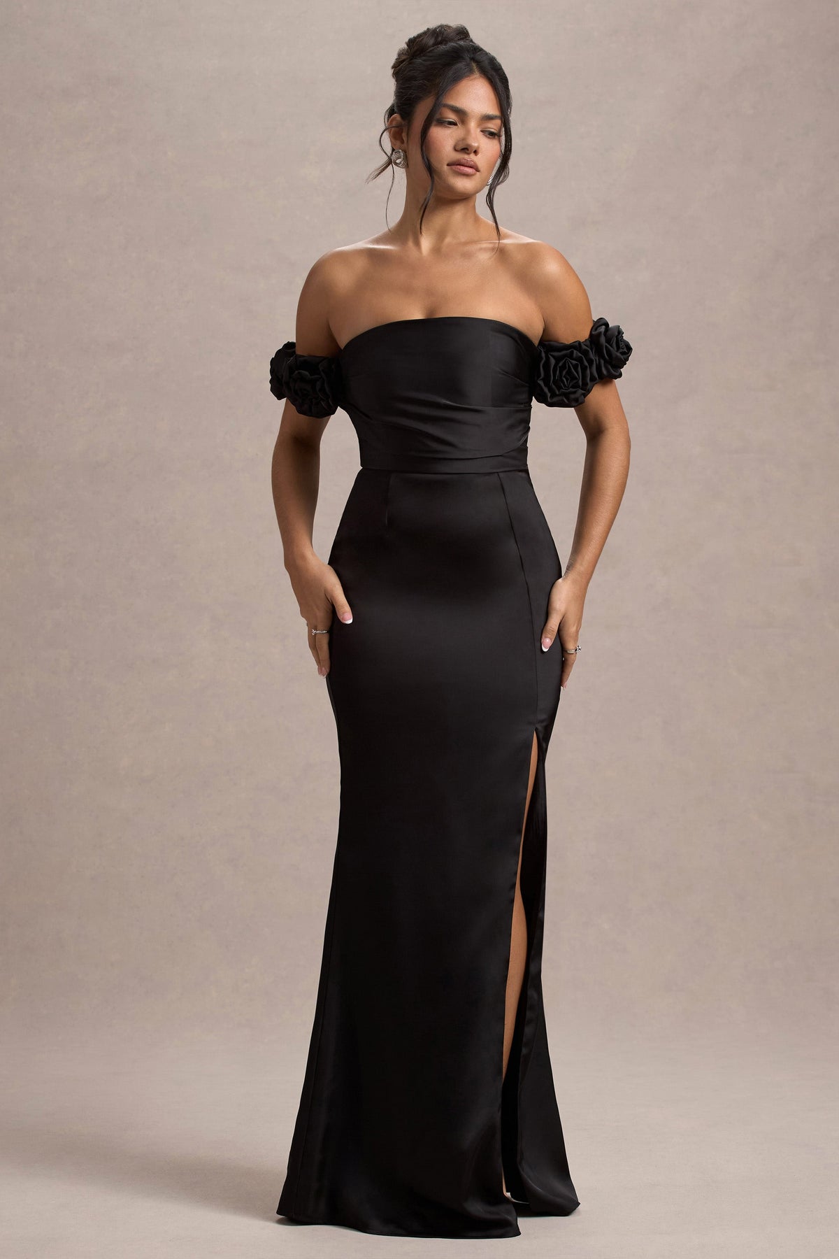 Senseless Black Satin Floral Bardot Maxi Dress Club L London - USA Senseless Black Satin Floral Bardot Maxi Dress Club L London - USA