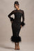 Afterglow | Black Sequin Long-Sleeve Midi Dress With Feather Trims