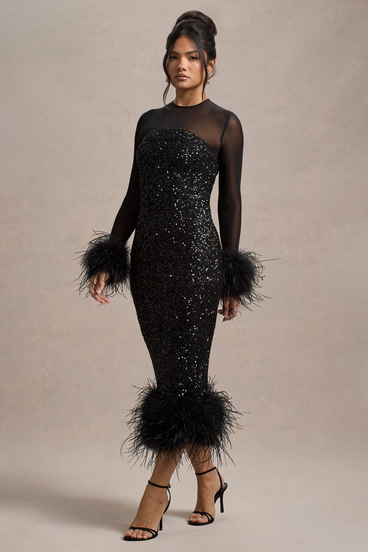 Afterglow | Black Sequin Long-Sleeve Midi Dress With Feather Trims