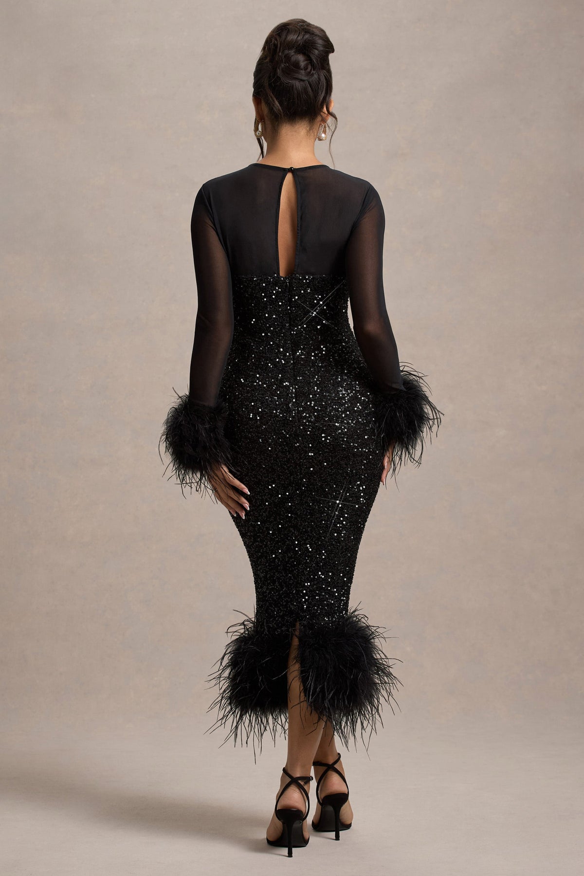 Afterglow | Black Sequin Long-Sleeve Midi Dress With Feather Trims