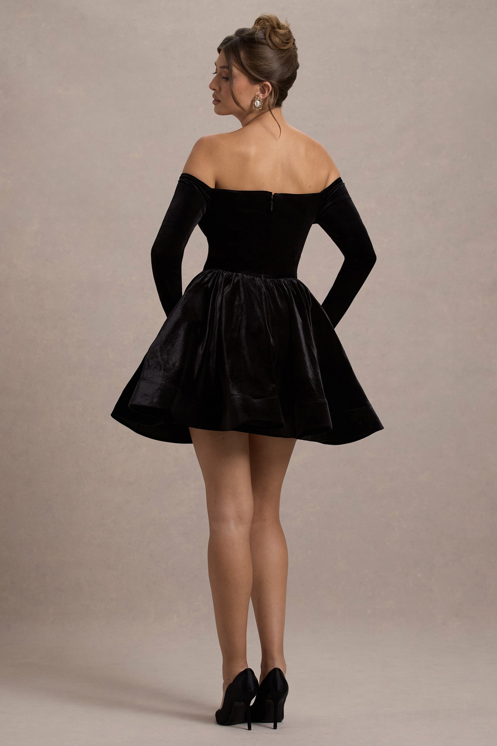 Ottie | Black Velvet Bardot Skater Mini Dress - Club L London - USA