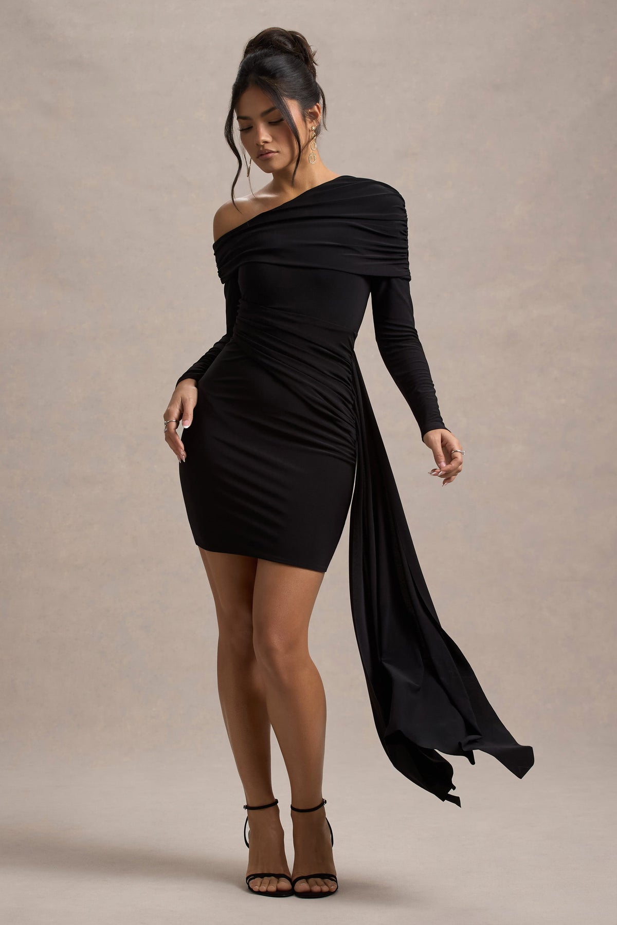 Savita Black Ruched Asymmetric Mini Dress With Drape Club L London - USA Savita Black Ruched Asymmetric Mini Dress With Drape Club L London - USA