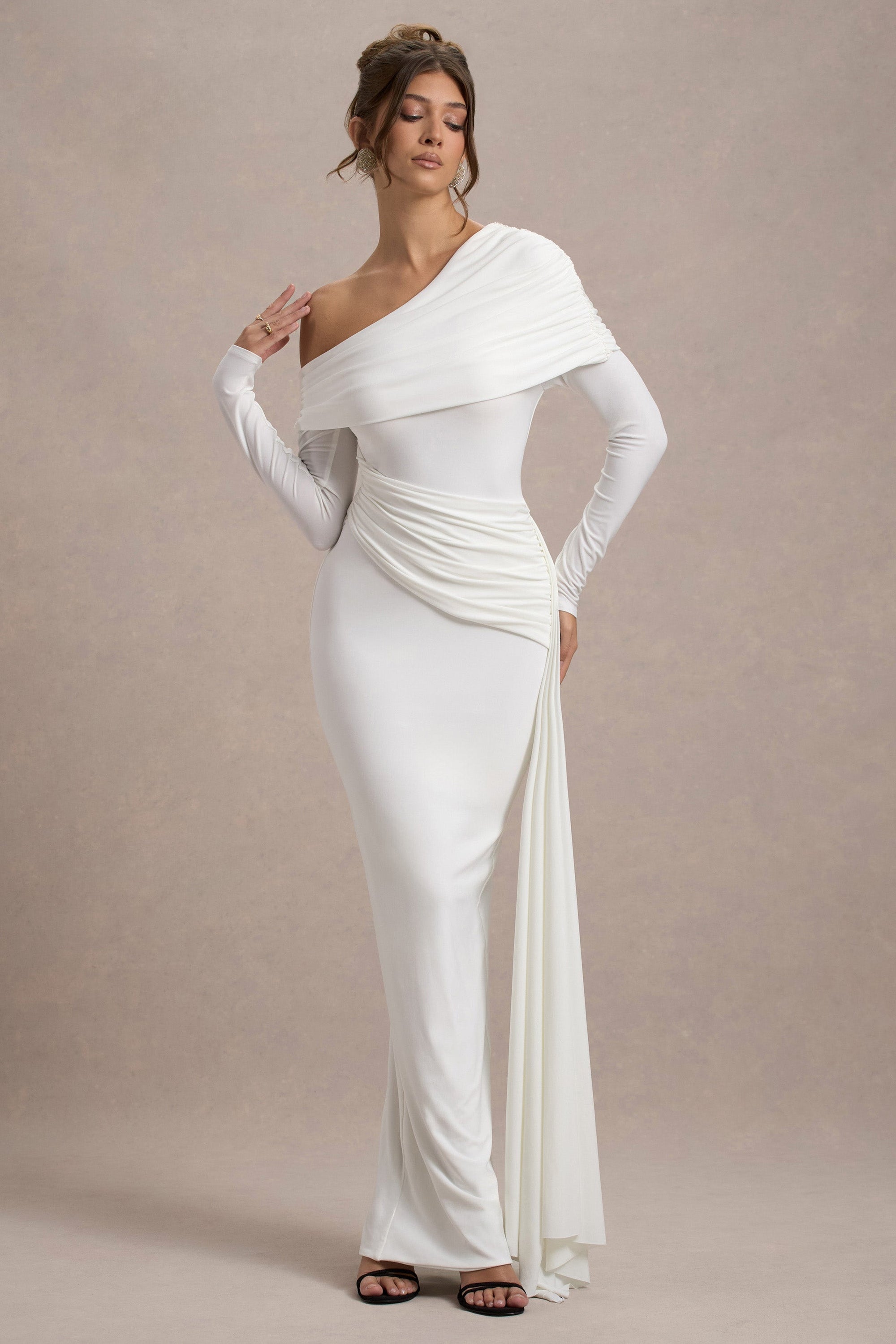 Valina | White Ruched Asymmetric Maxi Dress With Drape - Club L London - USA