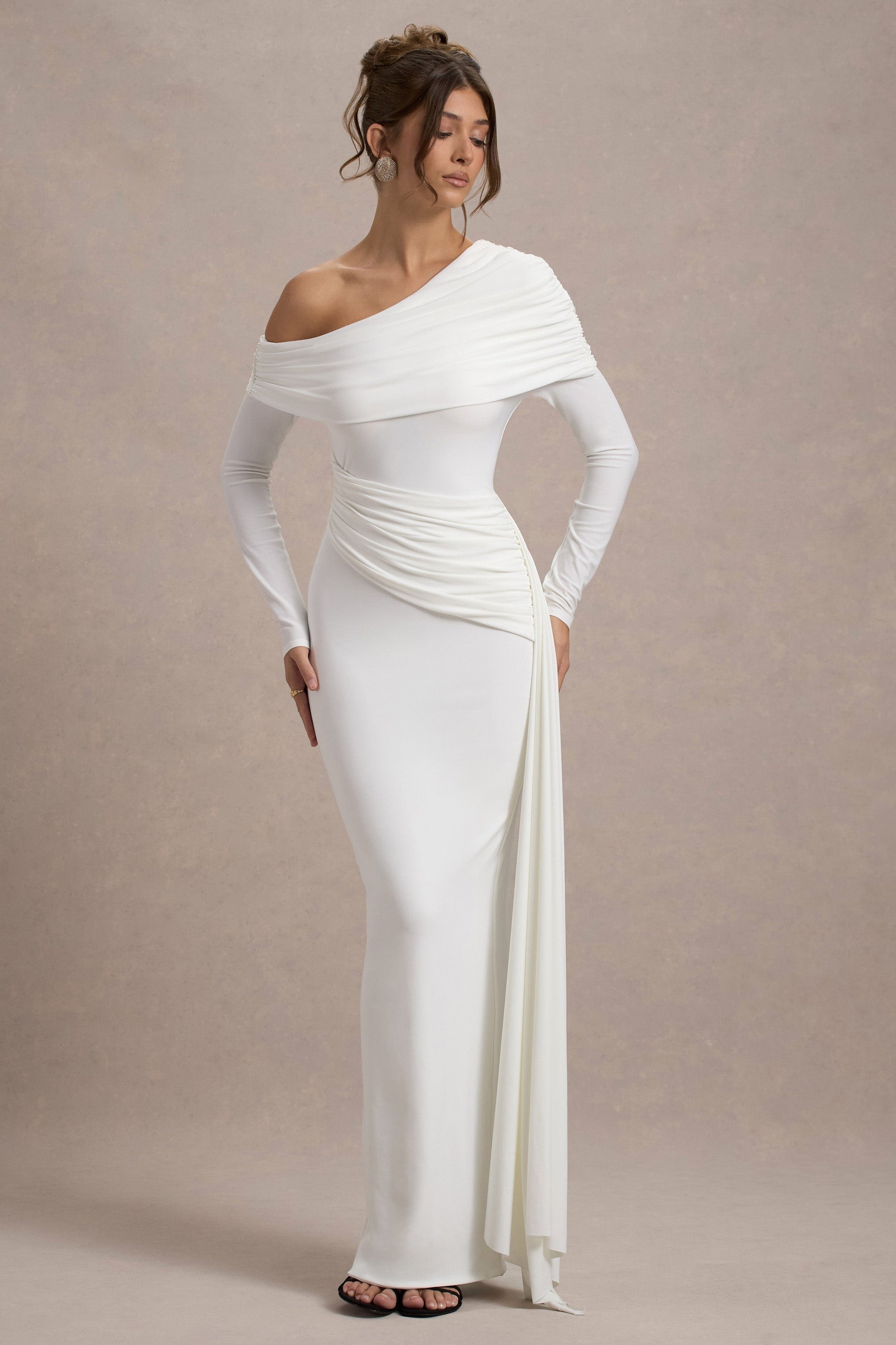 Valina | White Ruched Asymmetric Maxi Dress With Drape - Club L London - USA