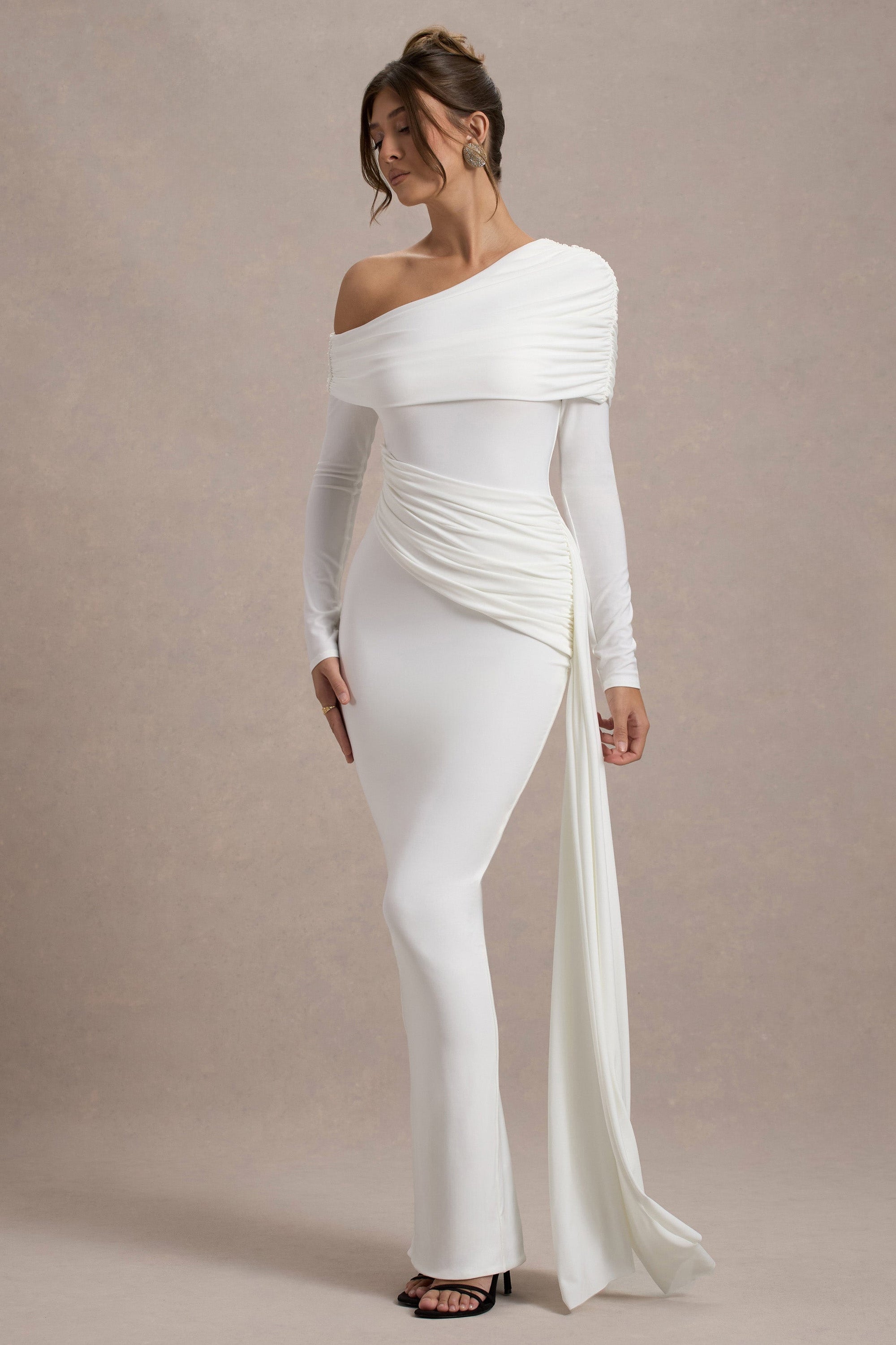Valina | White Ruched Asymmetric Maxi Dress With Drape - Club L London - USA