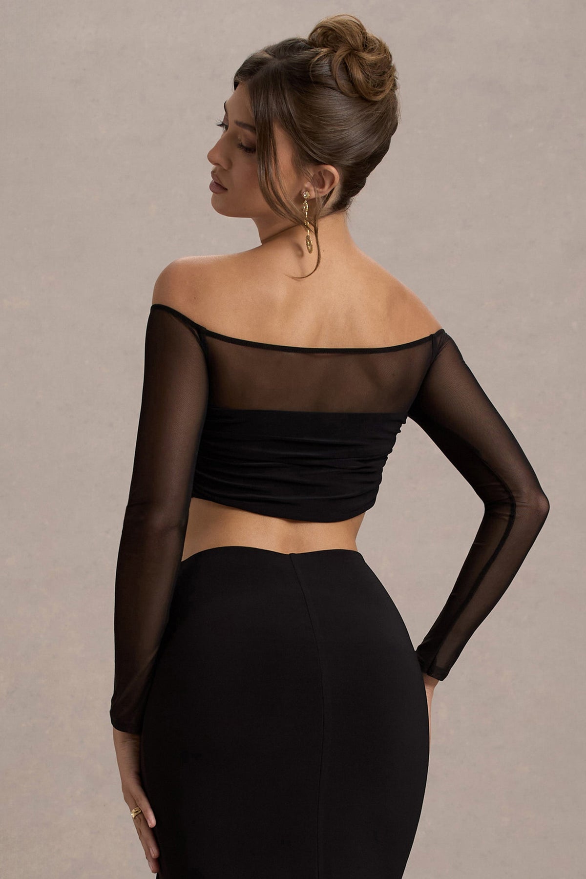 Mei | Black Mesh Bardot Crop Top