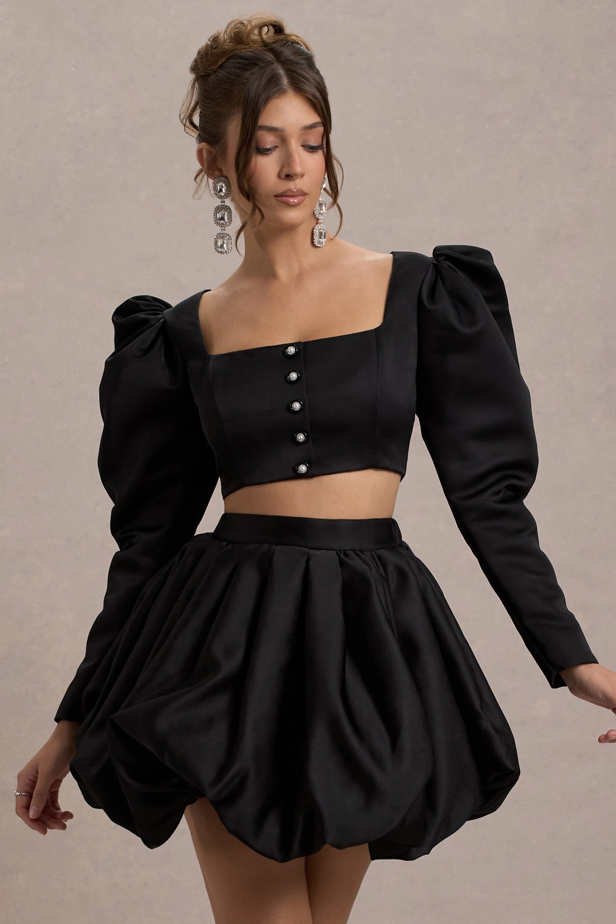 Eloisa | Black Satin Puff-Sleeve Cropped Jacket – Club L London - USA