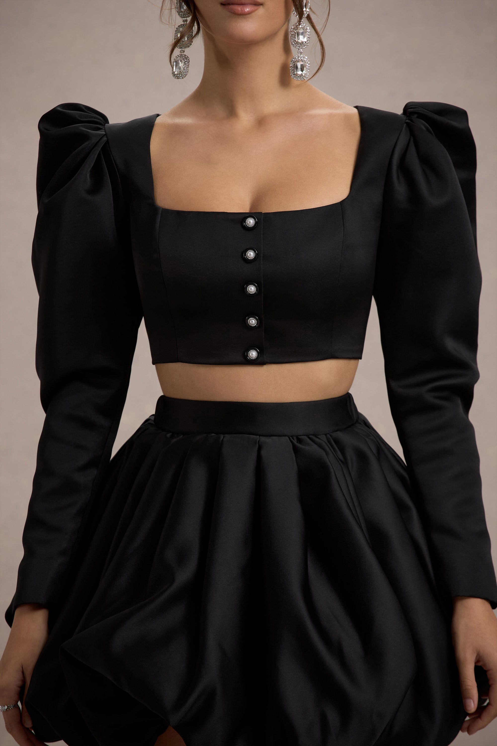 Eloisa | Black Satin Puff-Sleeve Cropped Jacket - Club L London - USA