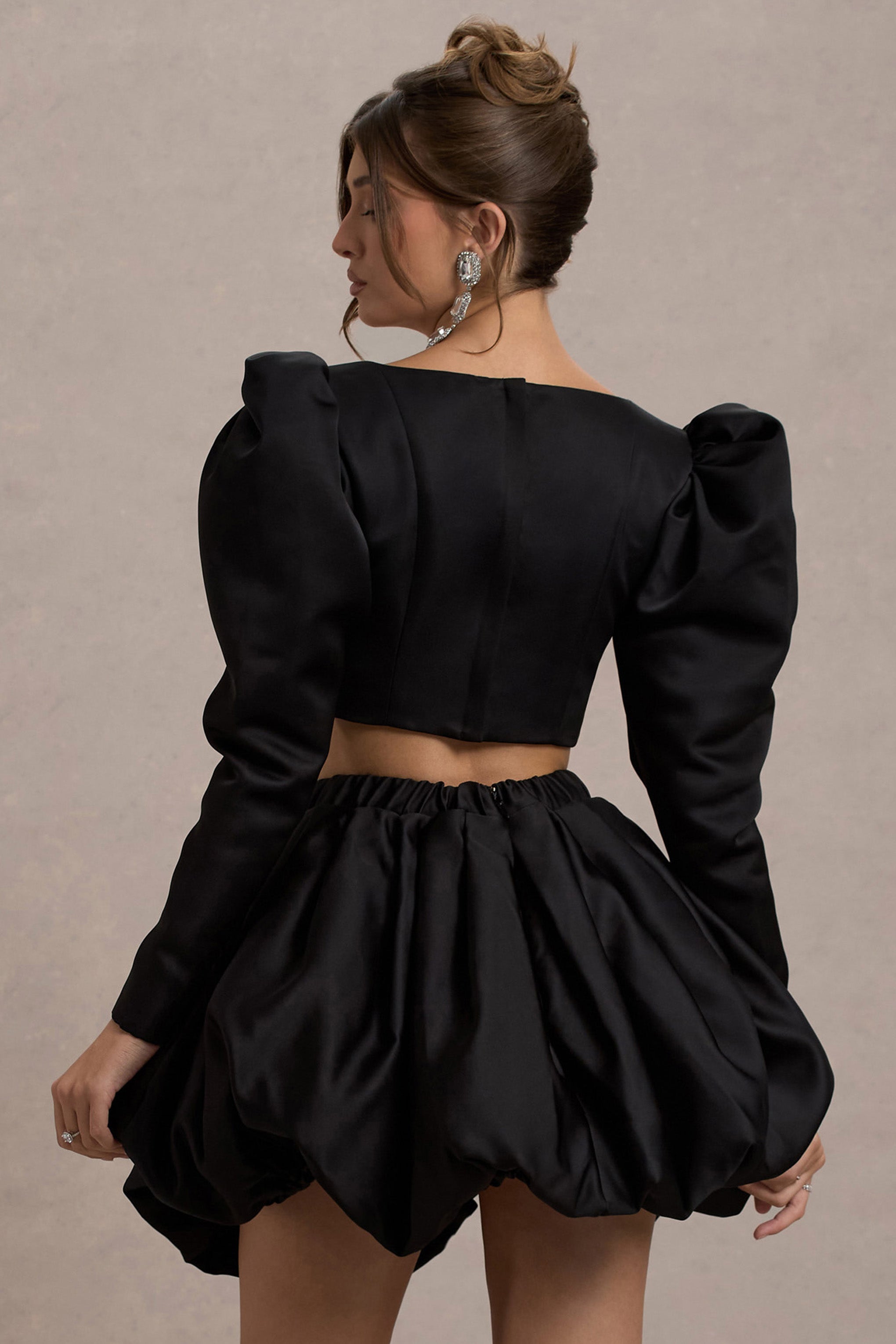 Eloisa | Black Satin Puff-Sleeve Cropped Jacket – Club L London - USA