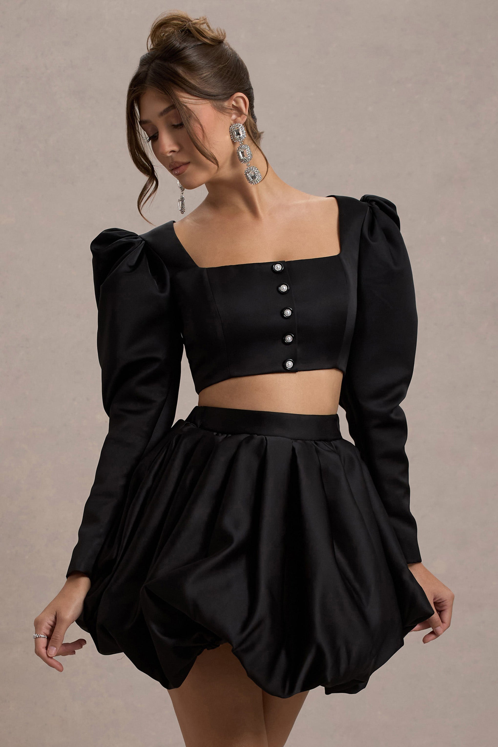 Eloisa | Black Satin Puff-Sleeve Cropped Jacket – Club L London - USA