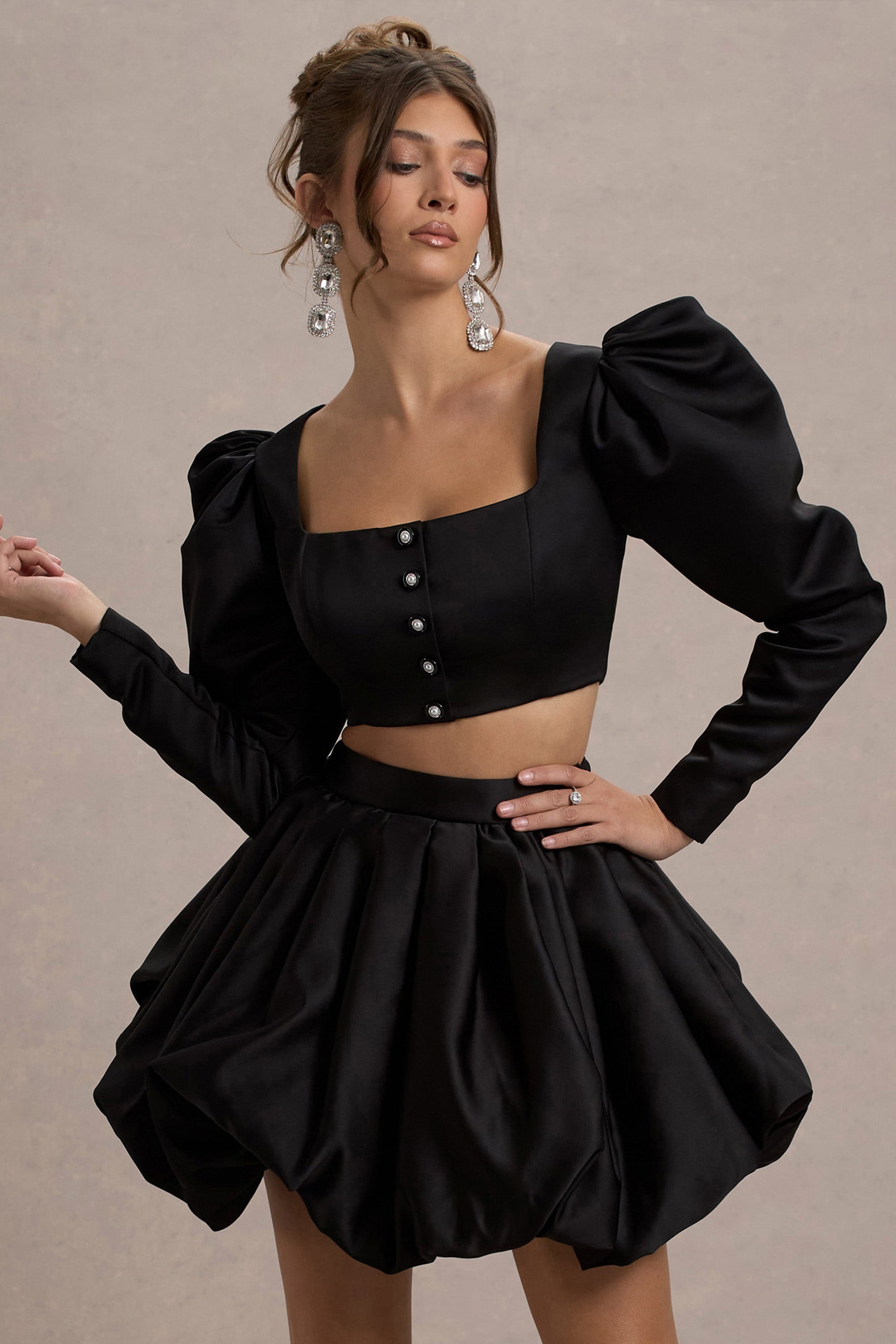 Eloisa | Black Satin Puff-Sleeve Cropped Jacket - Club L London - USA