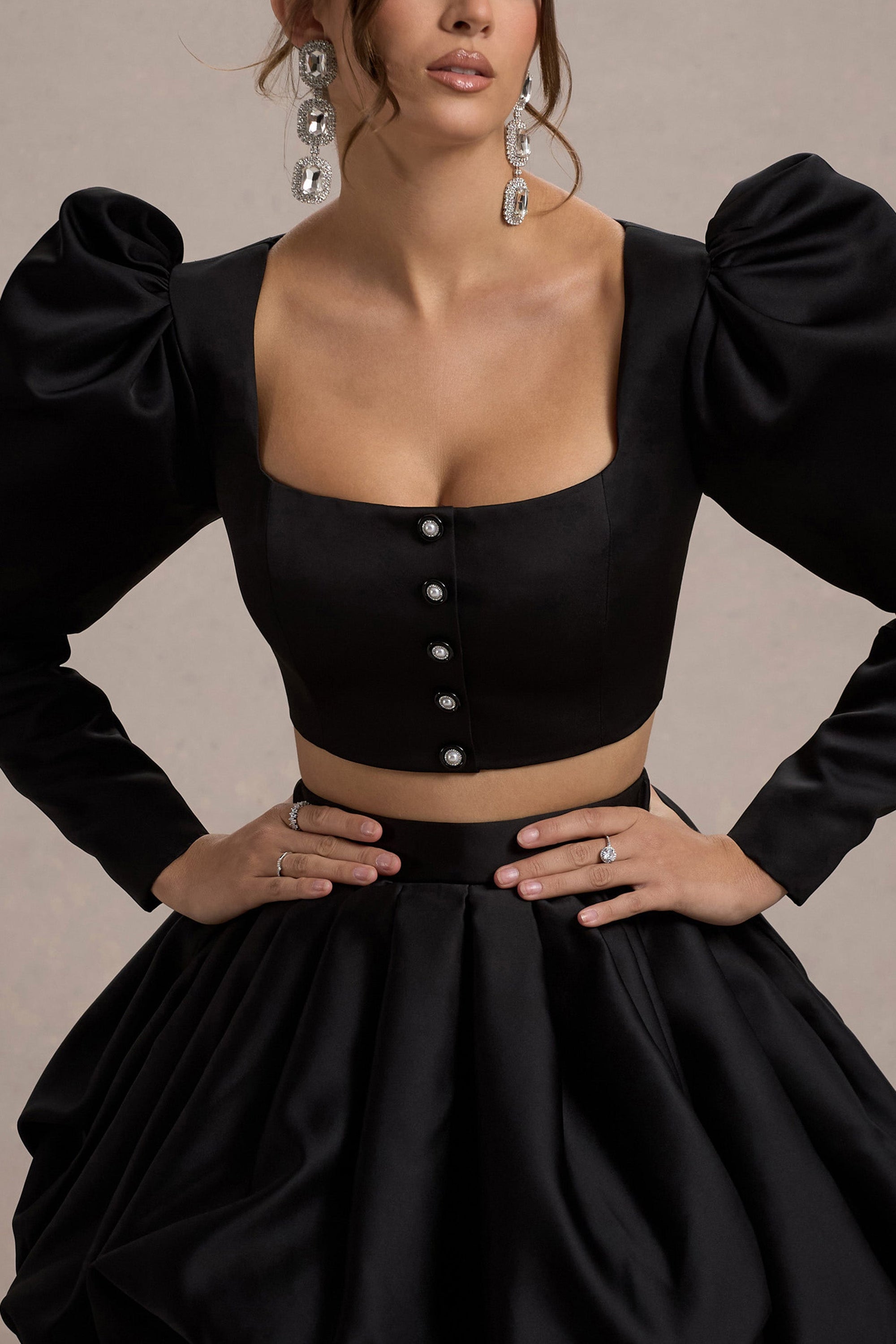 Eloisa | Black Satin Puff-Sleeve Cropped Jacket - Club L London - USA