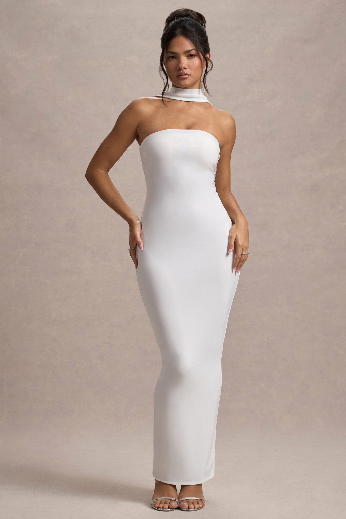 Nobu | White Bandeau Maxi Dress With Halter-Collar