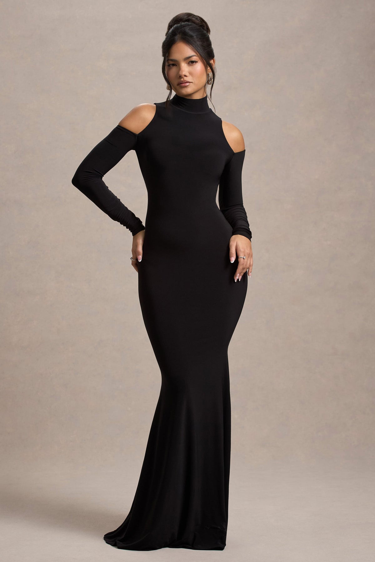 Catarina | Black Turtle-Neck Long-Sleeve Maxi Dress With Cold Shoulders