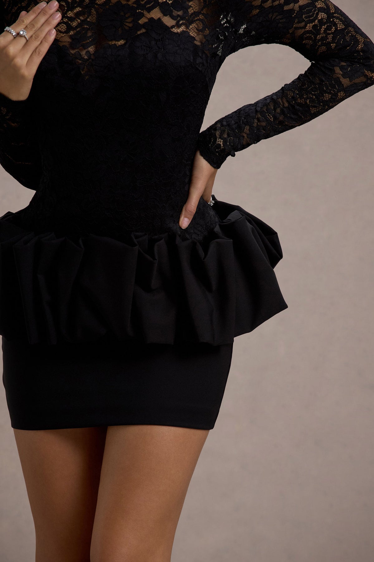 Antheia Black Lace Long-Sleeve Peplum Mini Dress Club L London - USA Antheia Black Lace Long-Sleeve Peplum Mini Dress Club L London - USA