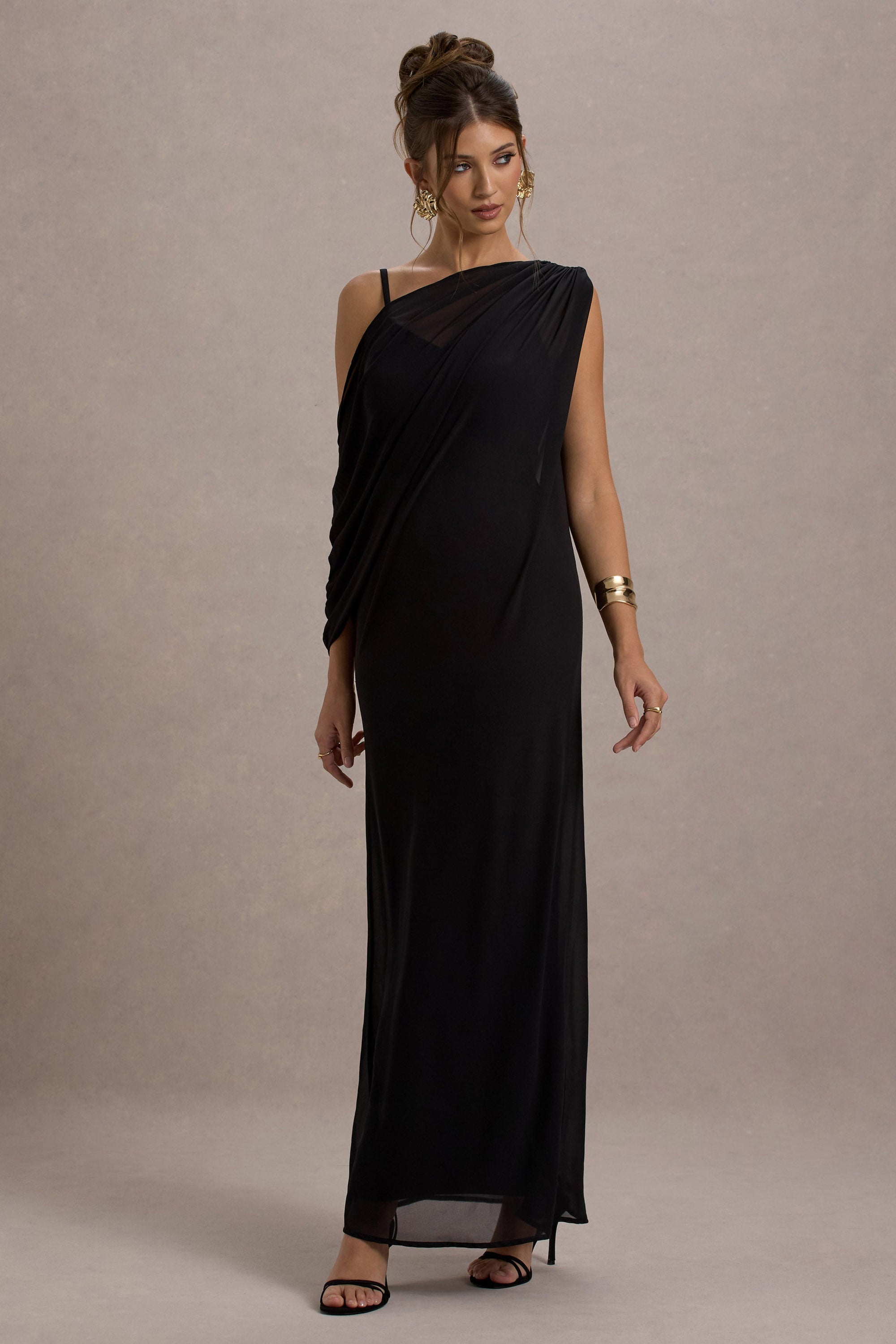 Aeliana | Black Strappy V-Neck Maxi Dress With Chiffon Sash - Club L London - USA