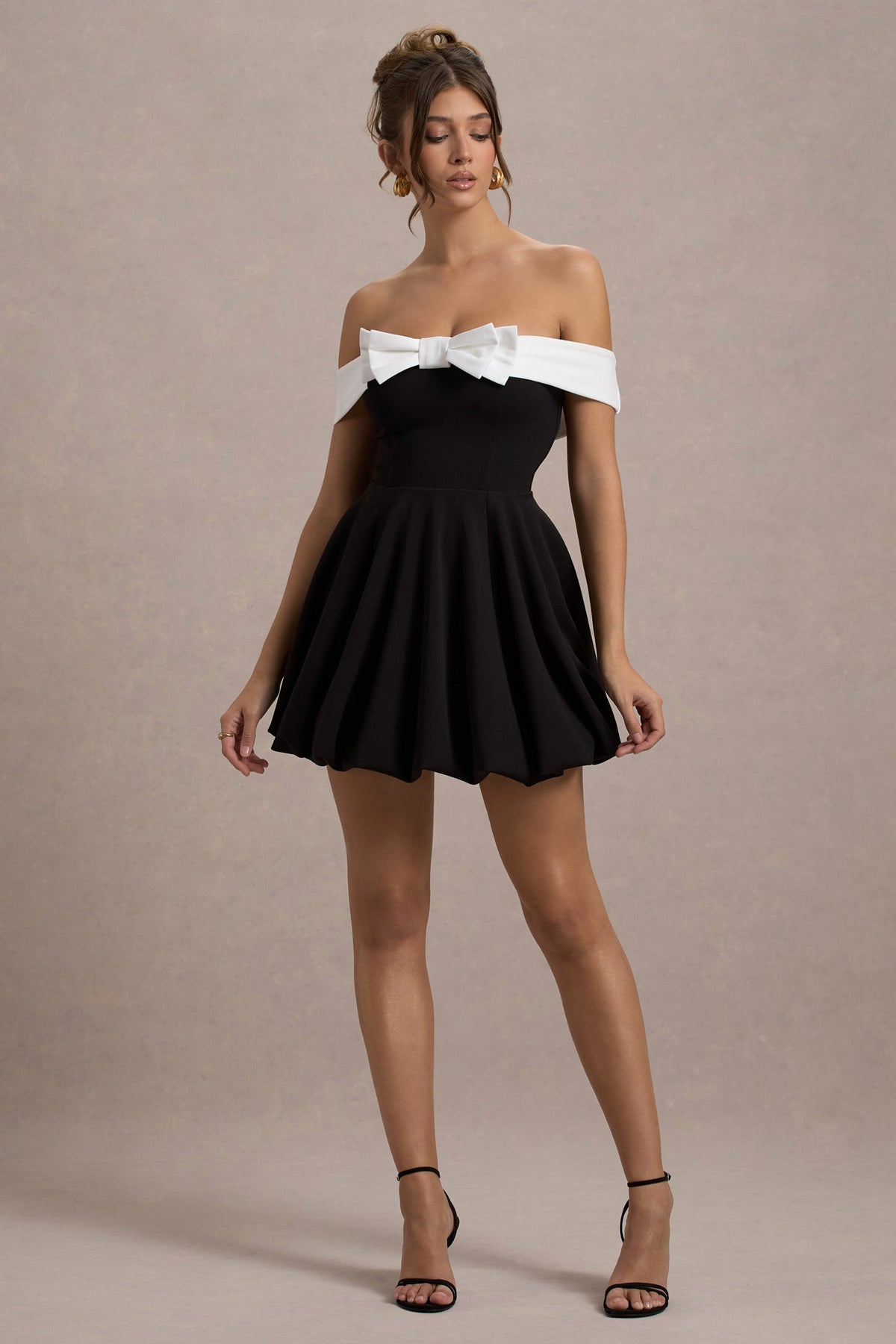 Minimoiselle Black & White Bow Bardot Mini Dress With Puff-Ball Skir